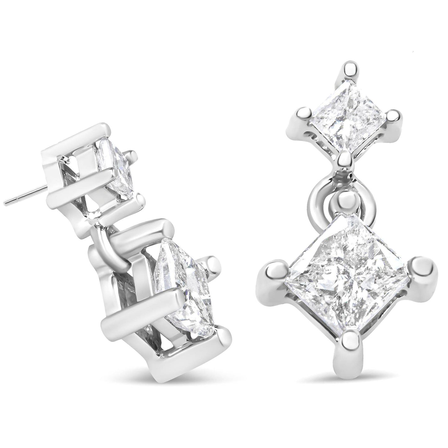 14K White Gold 3/8 Cttw Princess-Cut Diamond Double Dangle 2 Stone Stud Drop Earrings for Women (I-J Color, I2-I3 Clarity) - Bijoux-NYC Direct