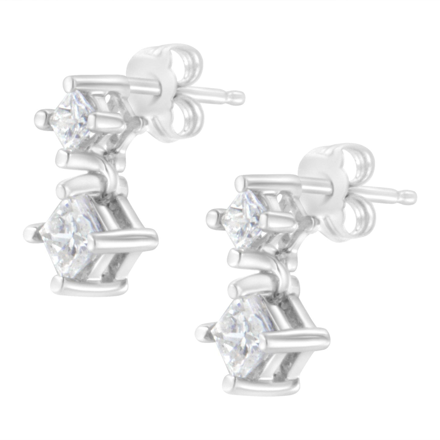 14K White Gold 3/4 cttw Double Diamond Princess-Cut Stud Earrings (I-J Clarity, I2-I3 Color) - Bijoux-NYC Direct