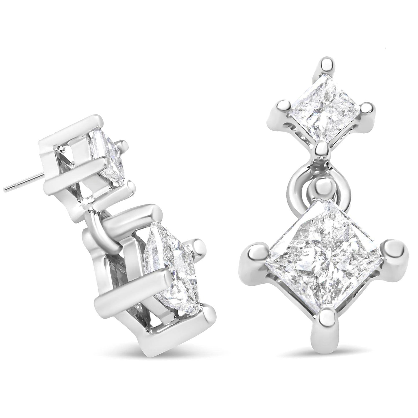 14K White Gold 1.0 Cttw Princess-Cut Double Diamond Drop Stud Earrings for Women (H-I Color, I1-I2 Clarity) - Bijoux-NYC Direct