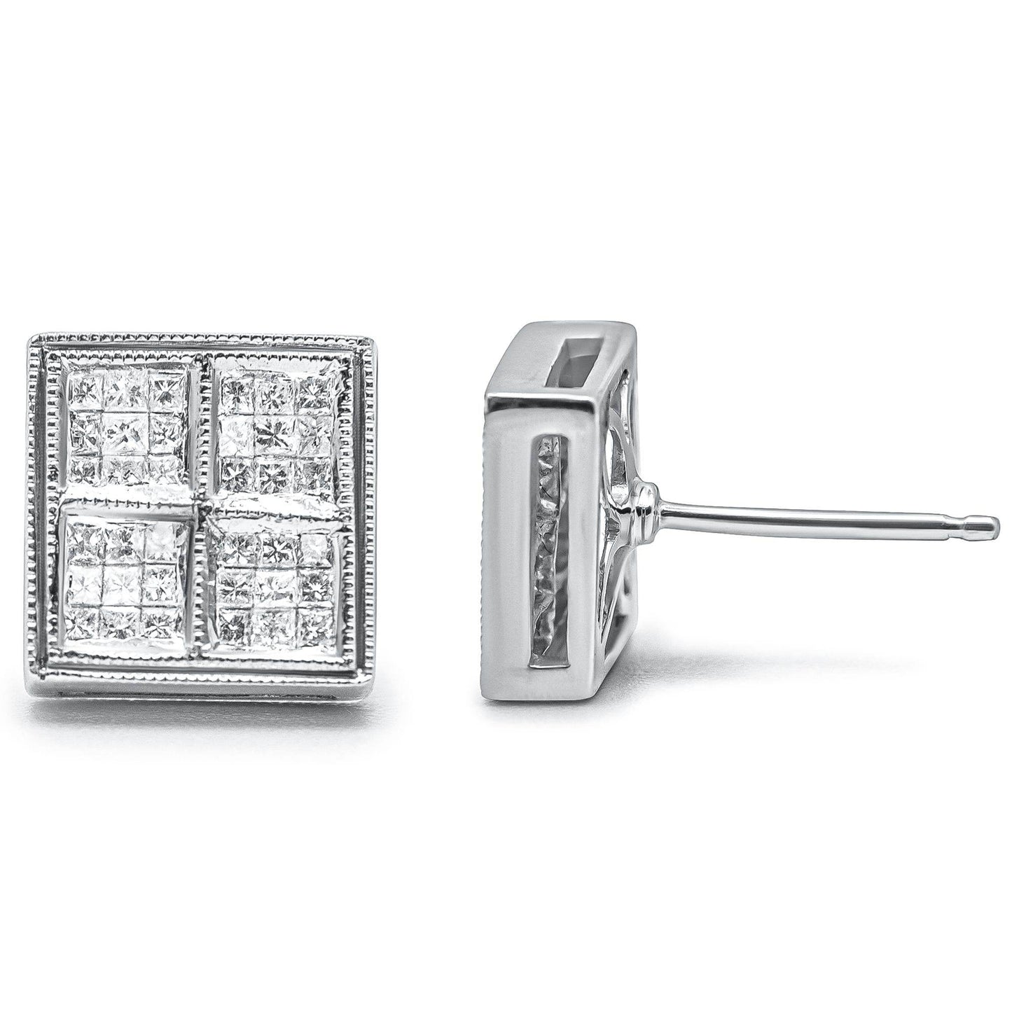 14K White Gold 1/2 Cttw Princess Diamond Composite Box Shape Milgrain Stud Earrings (H-I Color, SI1-SI2 Clarity) - Bijoux-NYC Direct