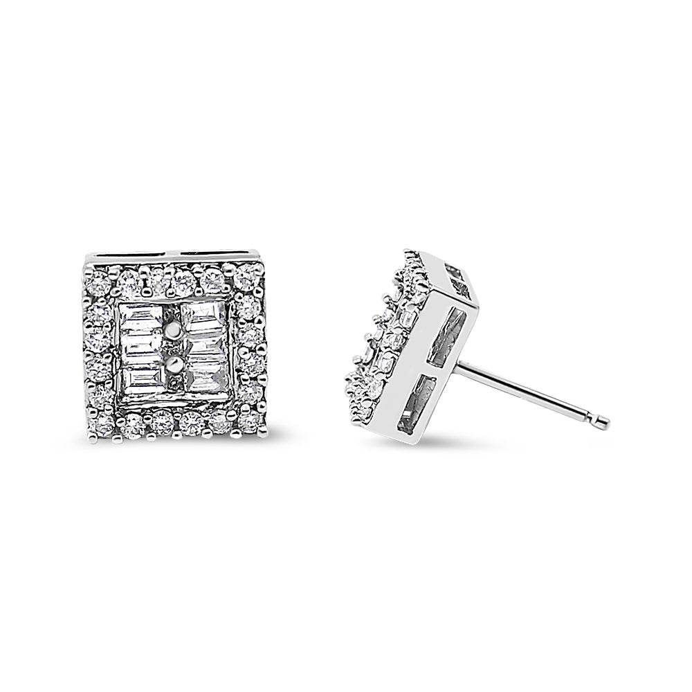 14K White Gold 1 cttw Round and Baguette Diamond Stud Earrings (H-I, SI1-SI2) - Bijoux-NYC Direct