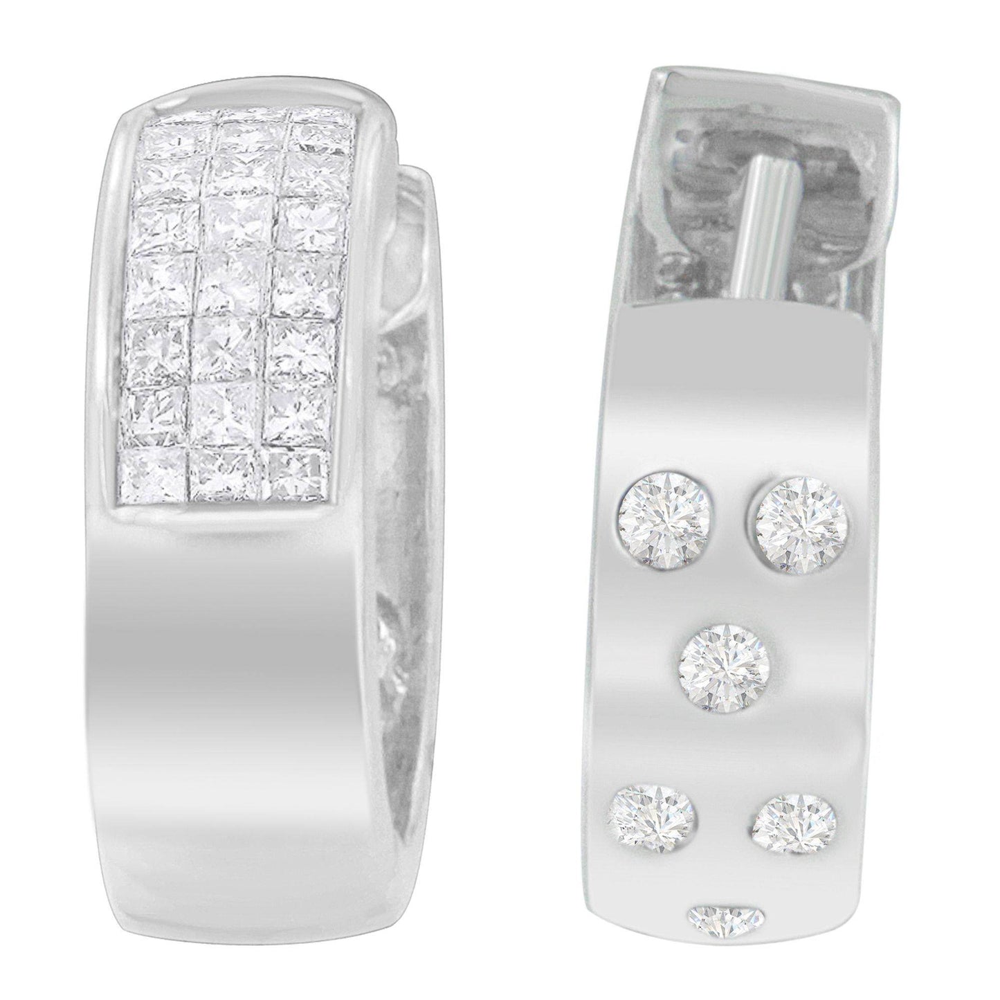 14K White Gold 1 1/8 cttw Princess and Round Cut Diamond Huggie Earrings (H-I, VS1-VS2) - Bijoux-NYC Direct