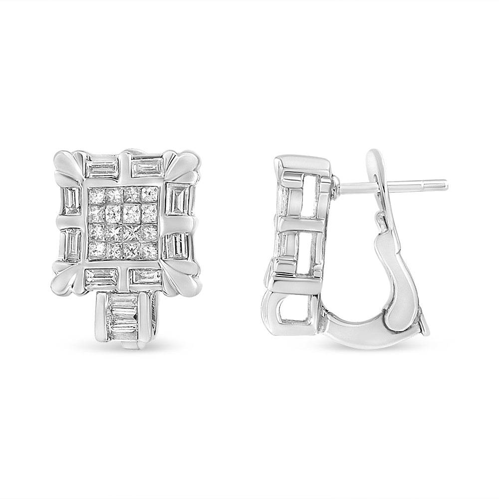14K White Gold 1.0 Cttw Princess and Baguette-Cut Diamond Square Framed Huggie Hoop Omega Earrings (H-I Color, SI1-SI2 Clarity) - Bijoux-NYC Direct