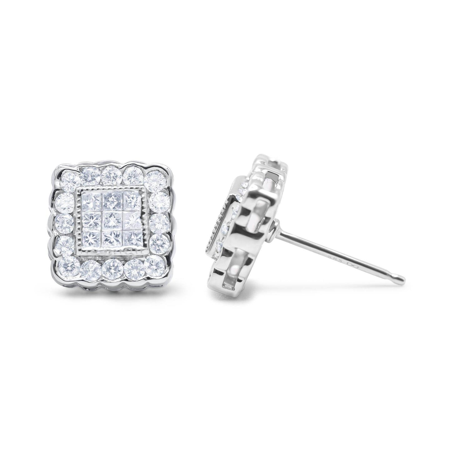14K White Gold 1.0 Cttw Round Brilliant & Princess Cut Diamond Scallop-Edge Framed Square Halo Stud Earrings (G-H Color, SI1-SI2 Clarity) - Bijoux-NYC Direct