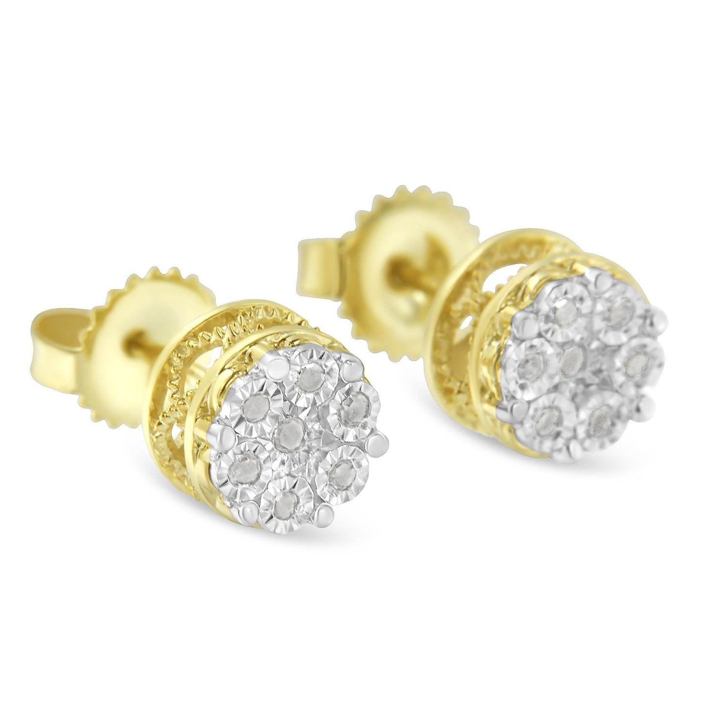 10K Yellow Gold over .925 Sterling Silver 1/7 Cttw Rose-Cut Miracle-Set Diamond Floral Cluster Button Stud Earrings (I-J Color, I3 Clarity) - Bijoux-NYC Direct