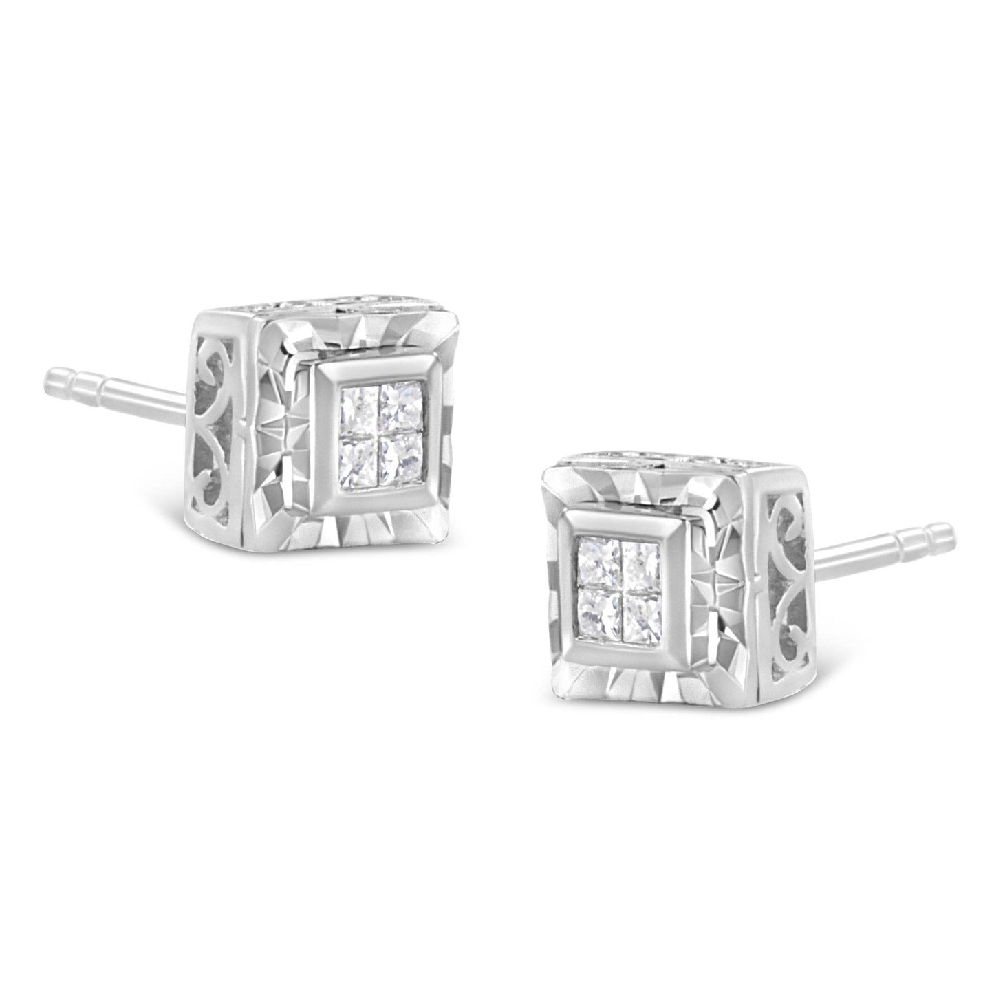 .925 Sterling Silver 1/6 Cttw Invisible Set Princess-Cut Diamond Quad Composite Stud Earrings (H-I Color, I1-I2 Clarity) - Bijoux-NYC Direct