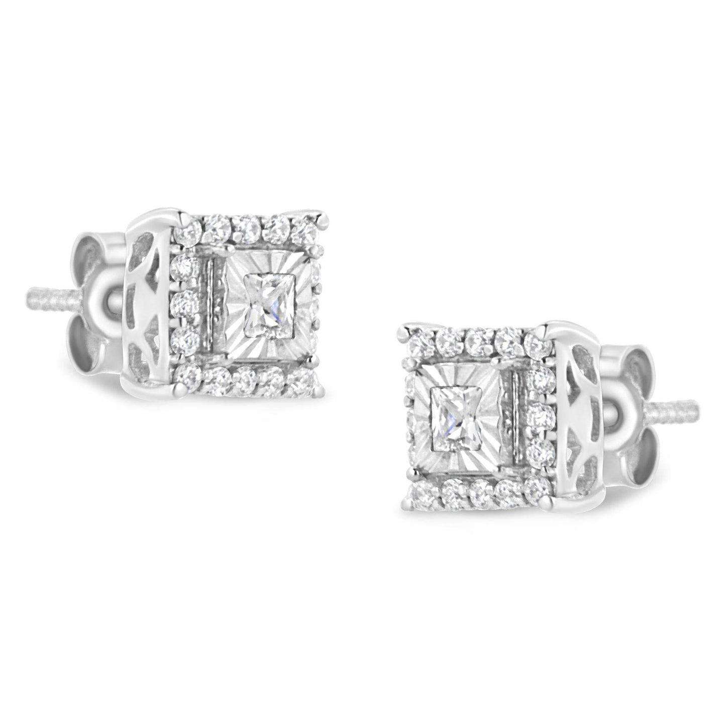 .925 Sterling Silver 1/4 Cttw Princess and Round Cut Diamond Halo Stud Earrings (I-J Color, I2-I3 Clarity) - Bijoux-NYC Direct