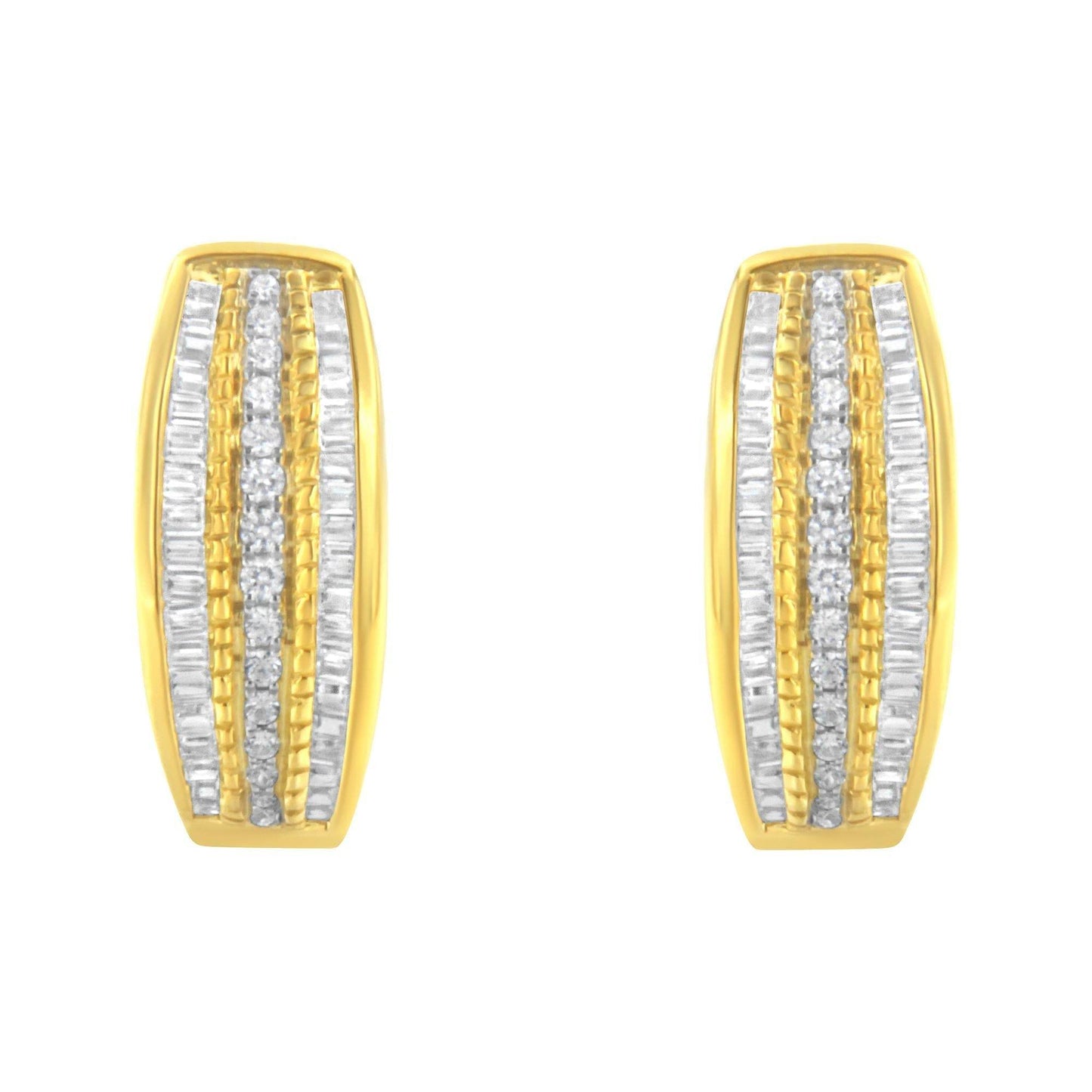 10K Yellow Gold 3/4 Cttw Pave and Channel Set Diamond Triple Row Modern Hoop Earrings (I-J Color, I2-I3 Clarity) - Bijoux-NYC Direct
