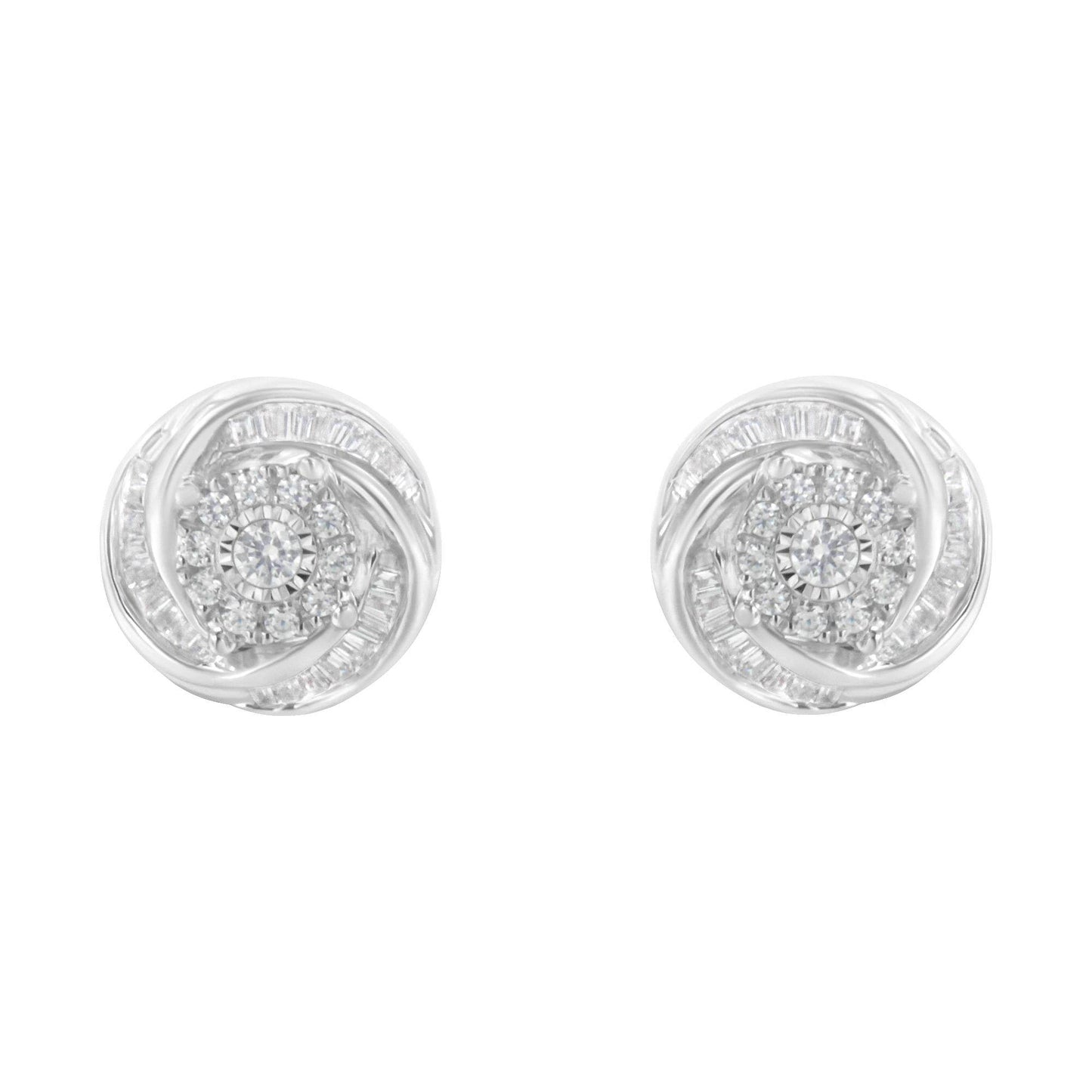 .925 Sterling Silver 3/4 Cttw Round and Baguette-Cut Diamond Love Knot Stud Earring (I-J Color, I2-I3 Clarity) - Bijoux-NYC Direct
