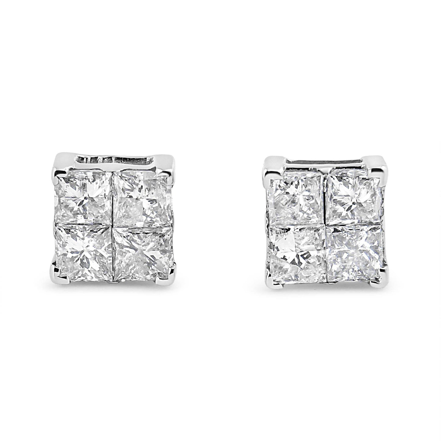 10K White Gold 1.00 cttw Invisible Set Princess-Cut Diamond Composite Square Shape Stud Earrings (G-H Color, I2-I3 Clarity) - Bijoux-NYC Direct