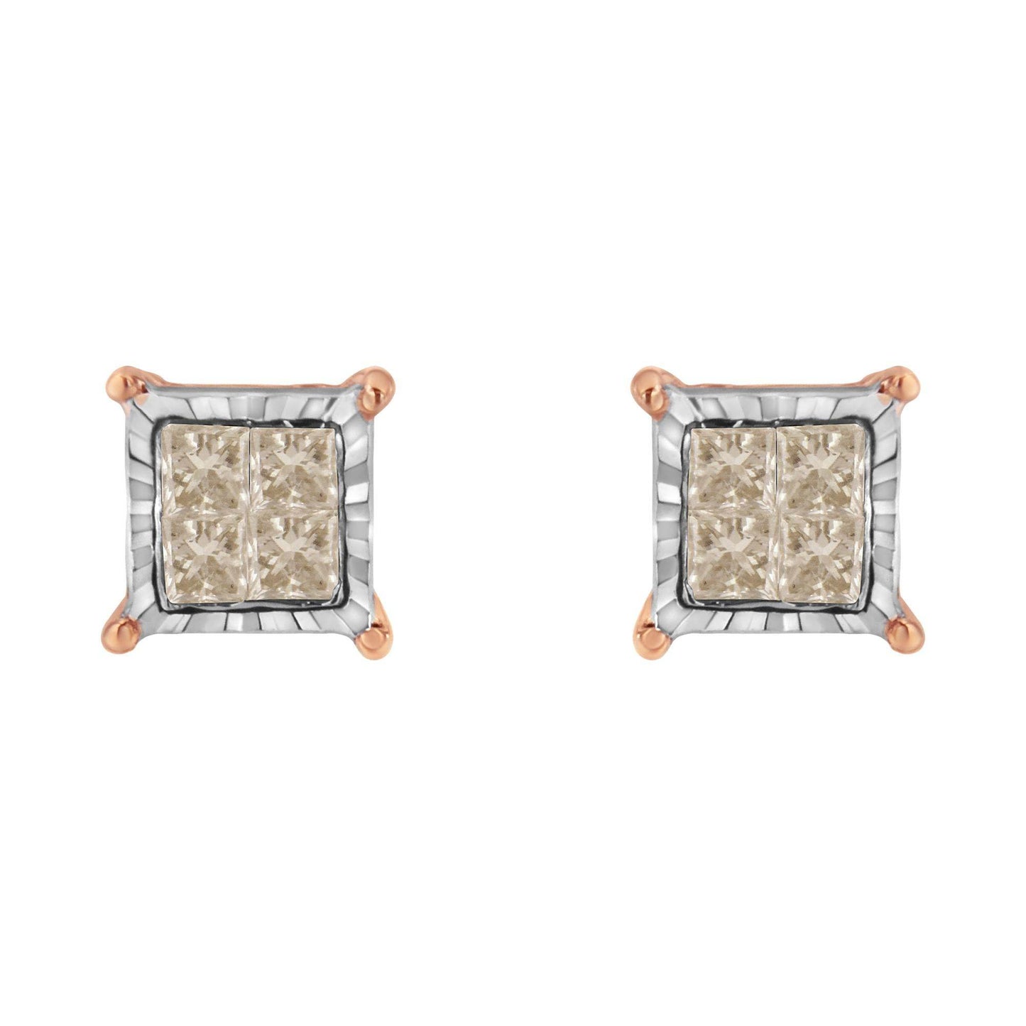 10K Two-Toned Princess-Cut Composite Diamond Stud Earrings (1/2 cttw, J-K Color, I1-I2 Clarity) - Bijoux-NYC Direct