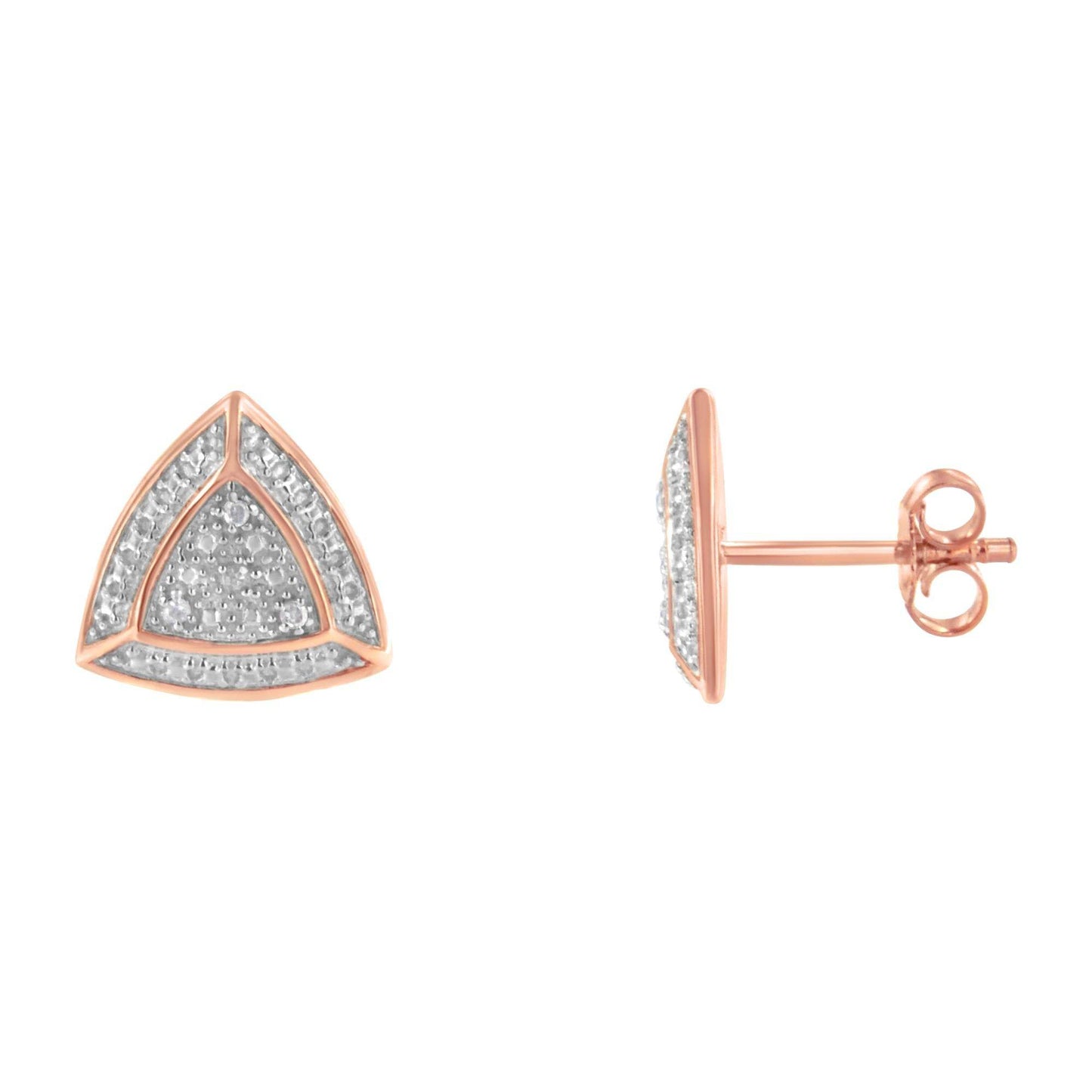 14K Rose Gold over .925 Sterling Silver Diamond-Accented Trillion Shaped 4-Stone Halo-Style Stud Earrings (H-I Color, I2-I3 Clarity) - Bijoux-NYC Direct