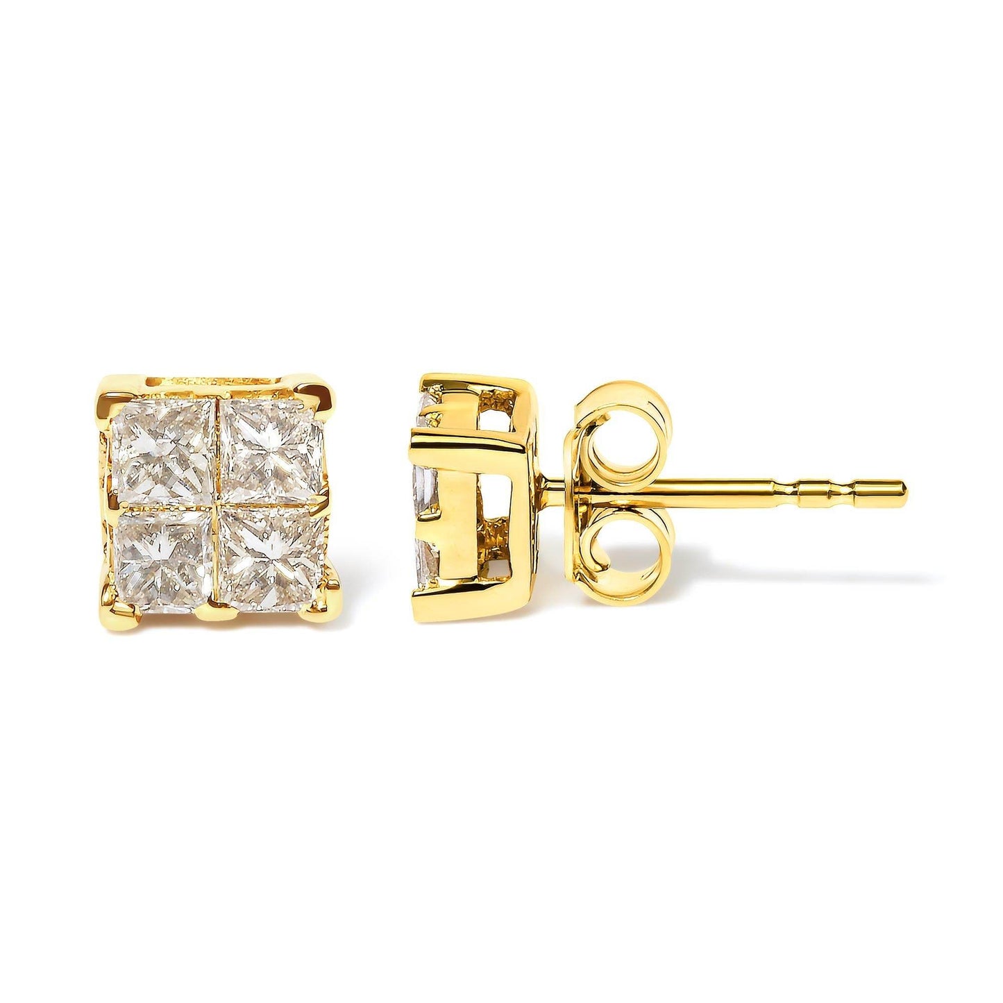 14K Yellow Gold 3/4 Cttw Invisible Set Princess-Cut Diamond 4 Stone Square Stud Earrings (J-K Color, SI2-I1 Clarity) - Bijoux-NYC Direct