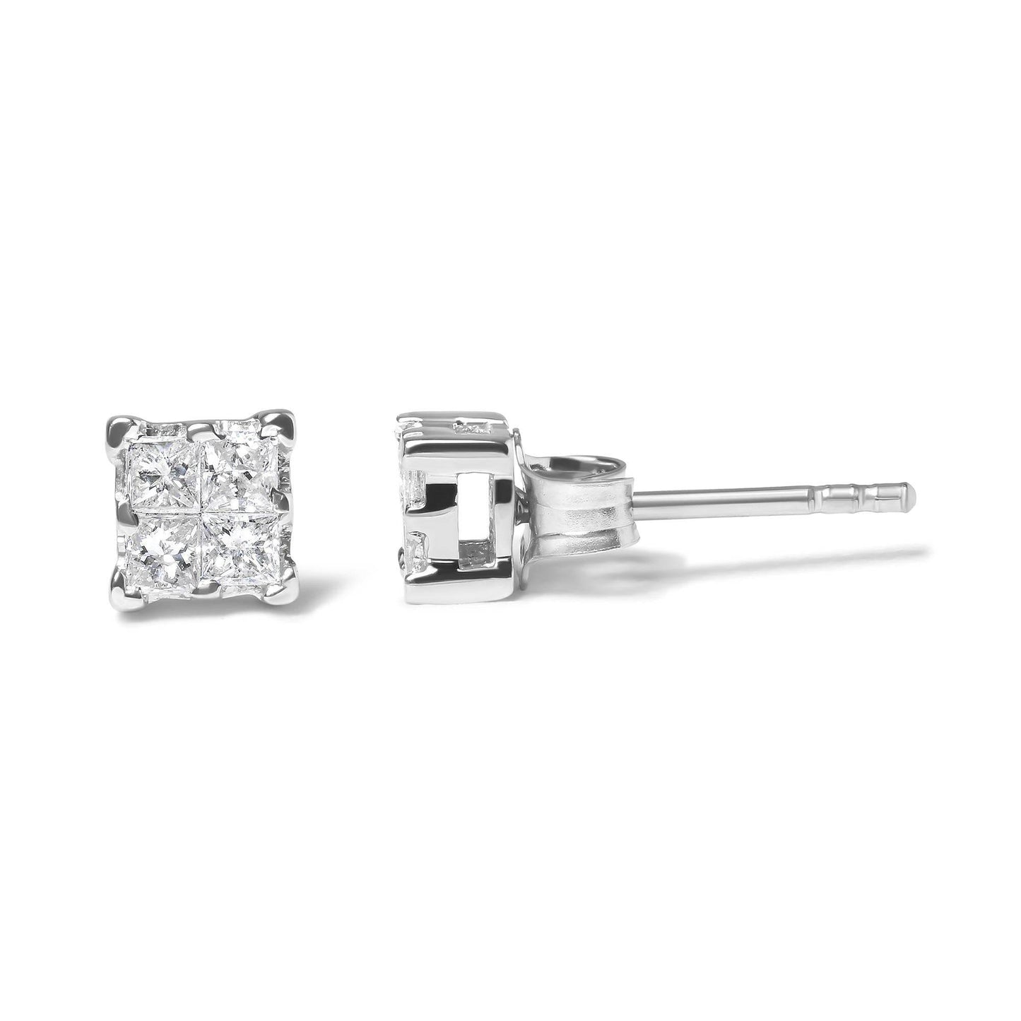 .925 Sterling Silver 1/4 Cttw Invisible Set Princess Diamond Composite Quad Stud Earrings (I-J Color, I1-I2 Clarity) - Bijoux-NYC Direct