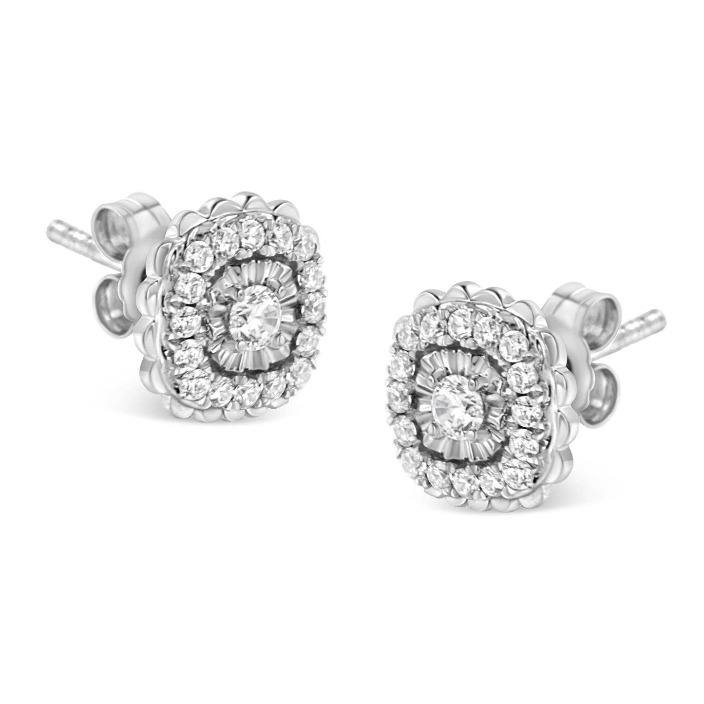 .925 Sterling Silver 1/2 Cttw Round-Cut Diamond Halo Cluster Stud Earring (I-J Color, I2-I3 Clarity) - Bijoux-NYC Direct