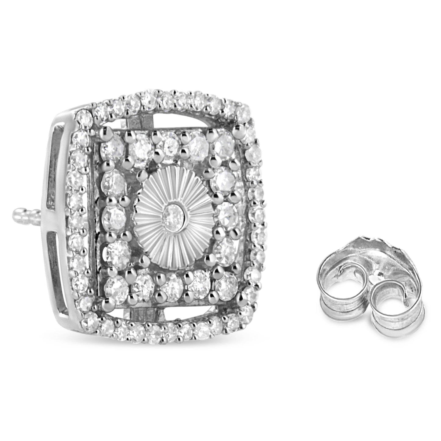 .925 Sterling Silver 1.0 Cttw Round Diamond Double Halo and Disc Stud Earring (I-J Color, I2-I3 Clarity) - Bijoux-NYC Direct