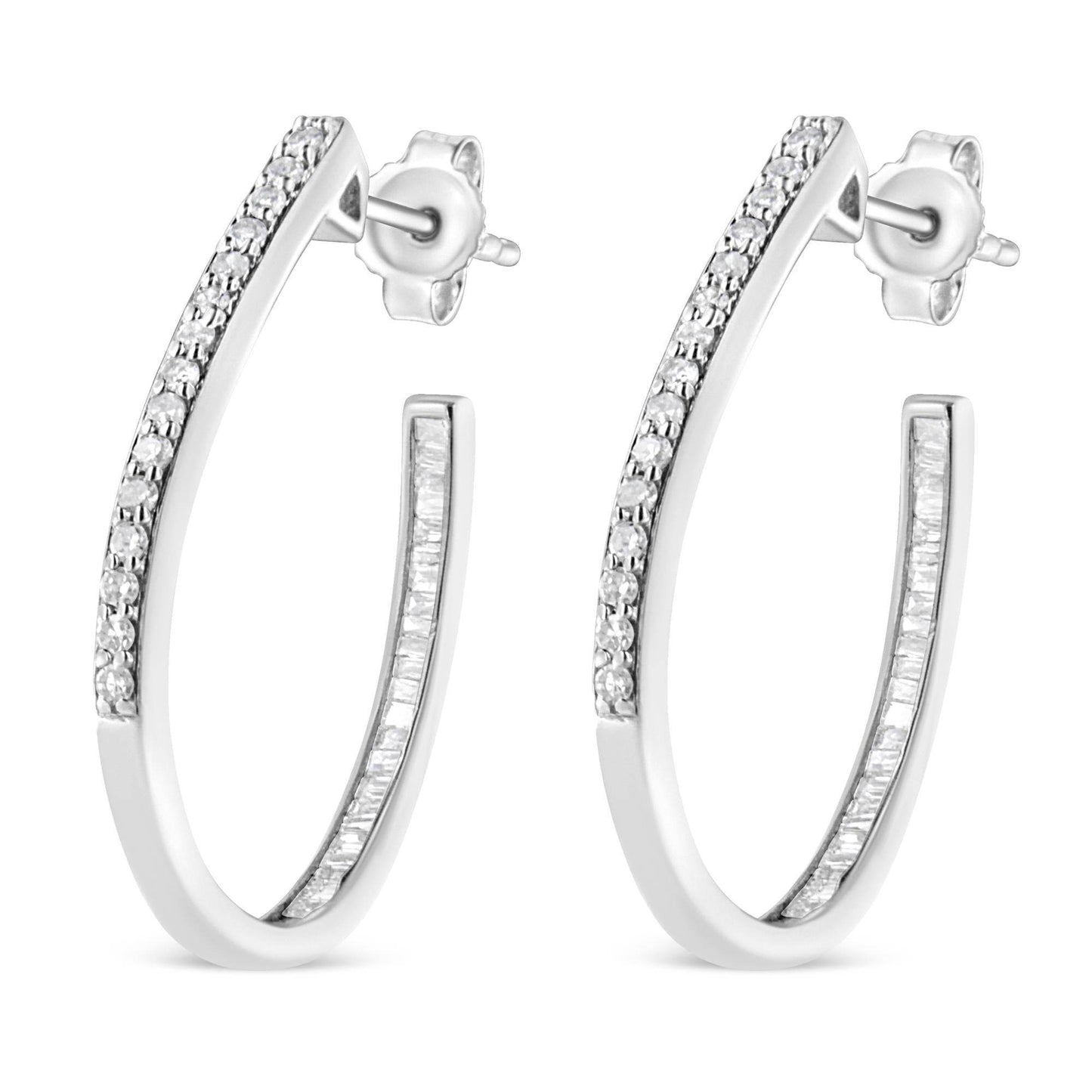 .925 Sterling Silver 1/2 Cttw Round and Baguette-Cut Diamond Inside-Outside Hoop Earrings (H-I Color, I1-I2 Clarity) - Bijoux-NYC Direct