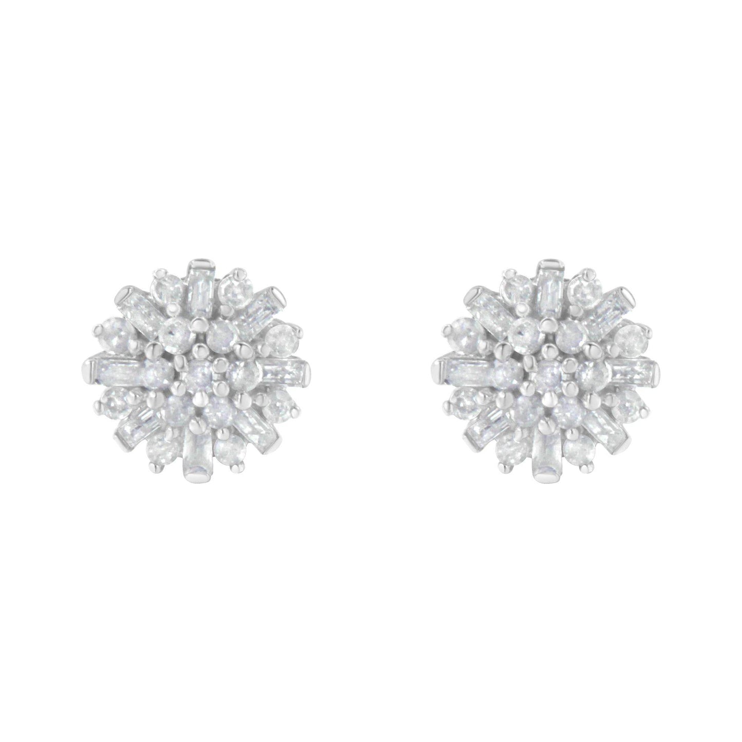 .925 Sterling Silver 1/2 Round and Baguette Diamond Sunburst Floral Cluster Stud Earrings (I-J Color, I3 Clarity) - Bijoux-NYC Direct