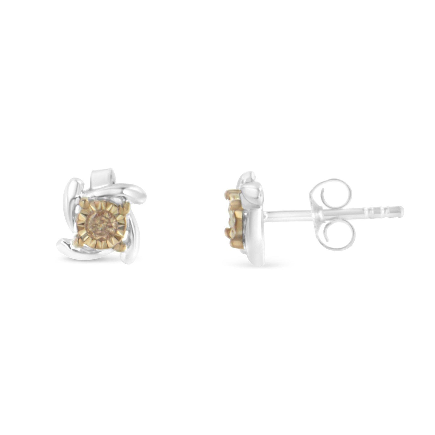 Two-Toned Sterling-Silver Diamond Stud Earring (0.10 cttw, Champagne Color, I2-I3 Clarity) - Bijoux-NYC Direct