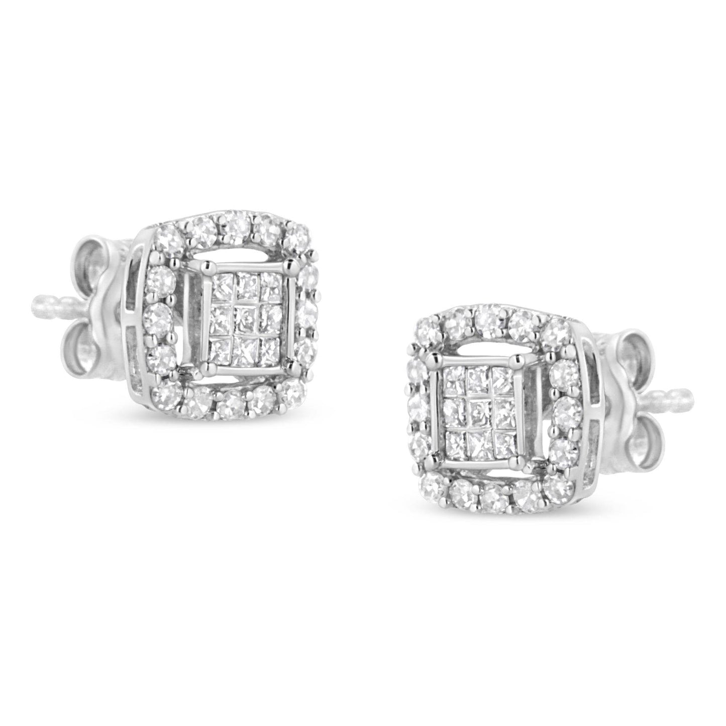 .925 Sterling Silver 1/2 Cttw Round and Princess-Cut Diamond Stud Earrings (I-J Color, I1-I2 Clarity) - Bijoux-NYC Direct