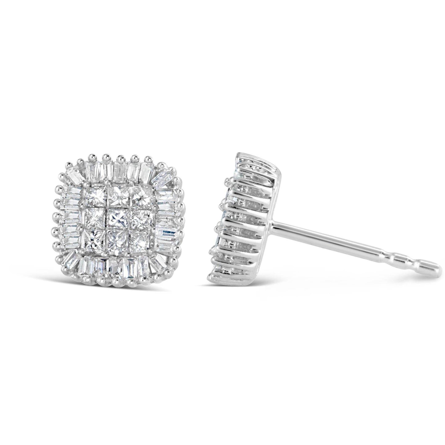 10K White Gold 1/2 Cttw Invisible-Set Princess Cut & Prong-Set Baguette Diamond Composite Stud Earrings (H-I Color, I1-I2 Clarity) - Bijoux-NYC Direct