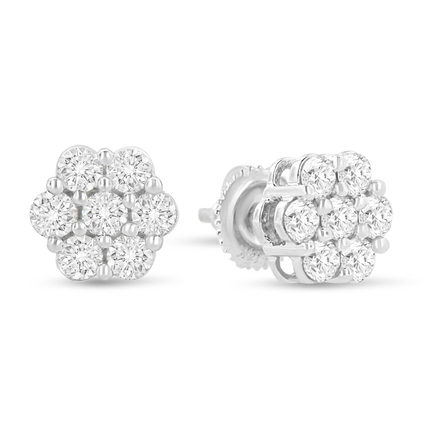 14K White Gold 1 1/2 cttw Prong Set Round-Cut Diamond Floral Cluster Stud Earrings (I-J Color, SI1-SI2 Clarity) - Bijoux-NYC Direct