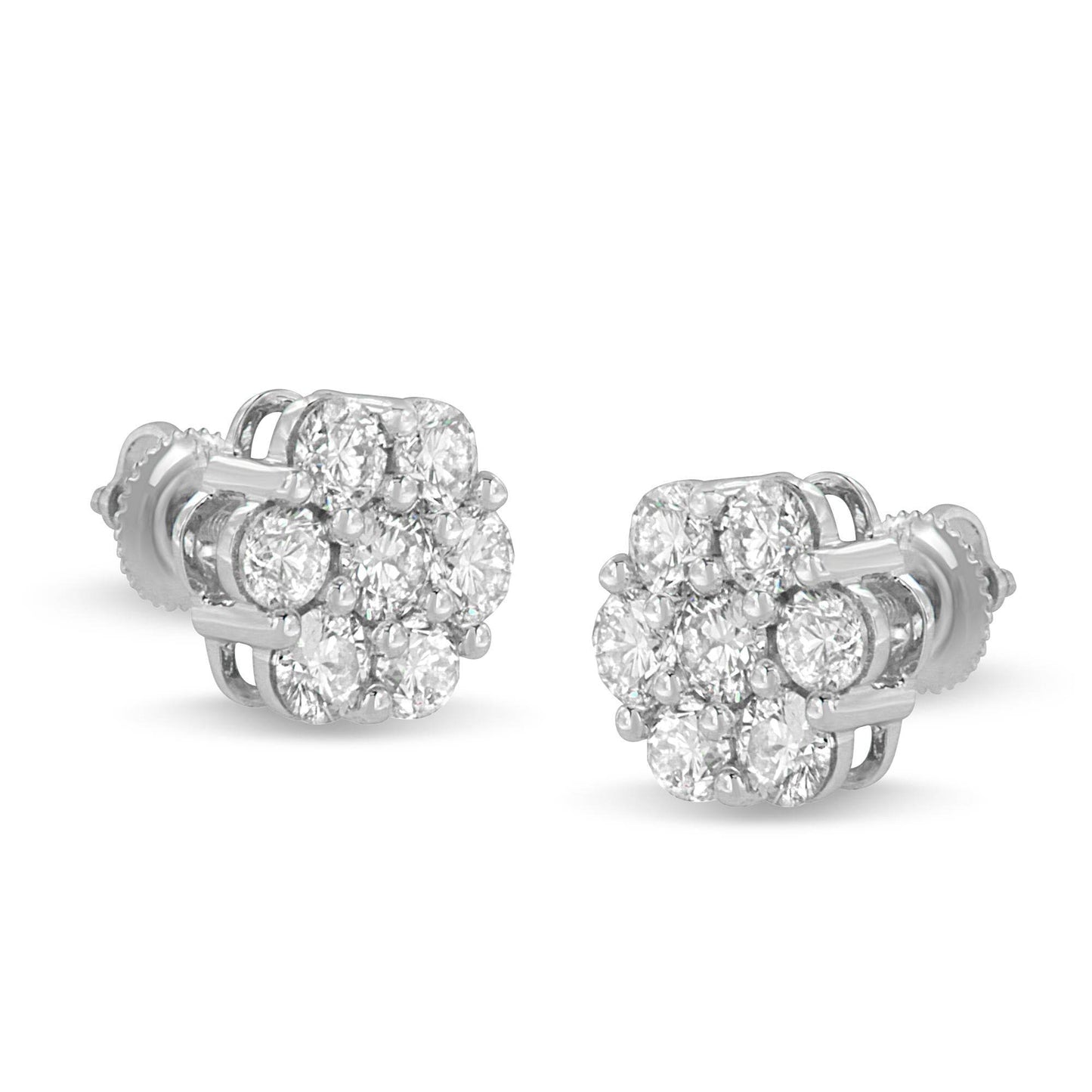 14K White Gold 3 cttw Prong Set Round-Cut Diamond Floral Cluster Stud Earring (I-J Color, SI1-SI2 Clarity) - Bijoux-NYC Direct