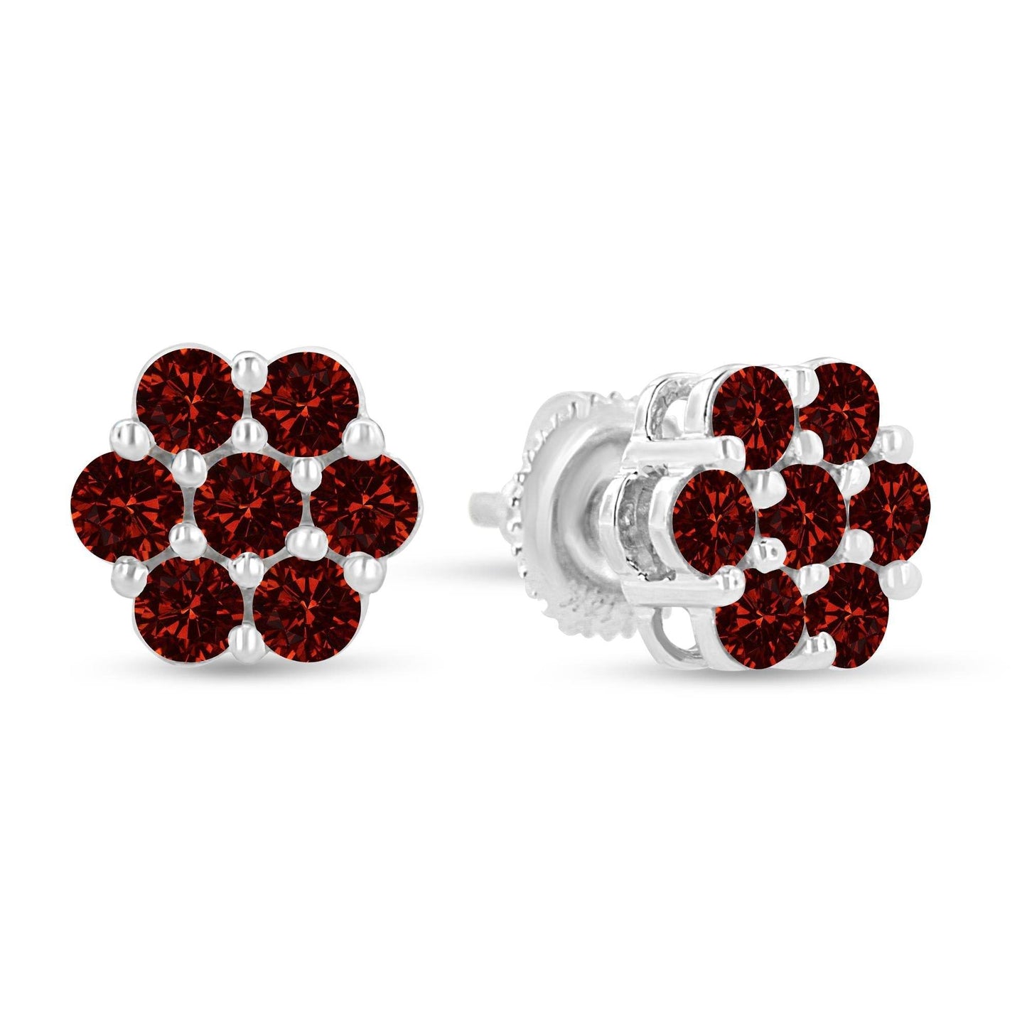 14K White Gold 1.0 Cttw Treated Red Diamond Prong Set 7 Stone Floral Stud Earrings (Treated Red Color, SI2-I1 Clarity) - Bijoux-NYC Direct