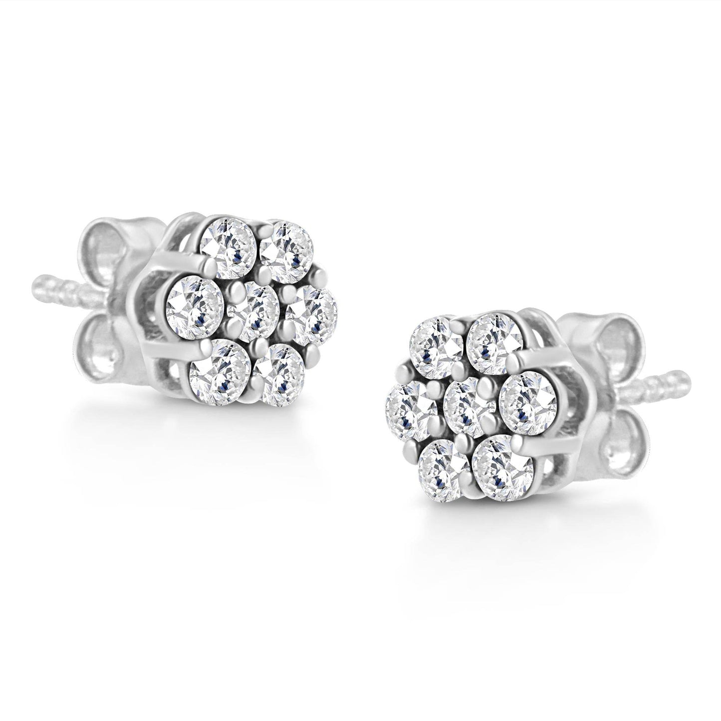 14K White Gold 1/2 Cttw Prong Set Round-Cut Diamond Flower Stud Earring (H-I Color, I1-I2 Clarity) - Bijoux-NYC Direct