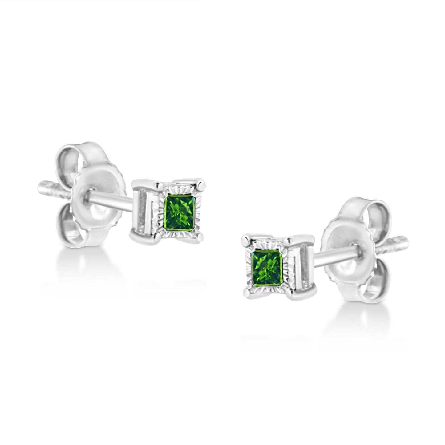 .925 Sterling Silver 1/10 Cttw Miracle Set Princess-Cut Treated Green Diamond Stud Earrings (Green Color, I1-I2 Clarity) - Bijoux-NYC Direct