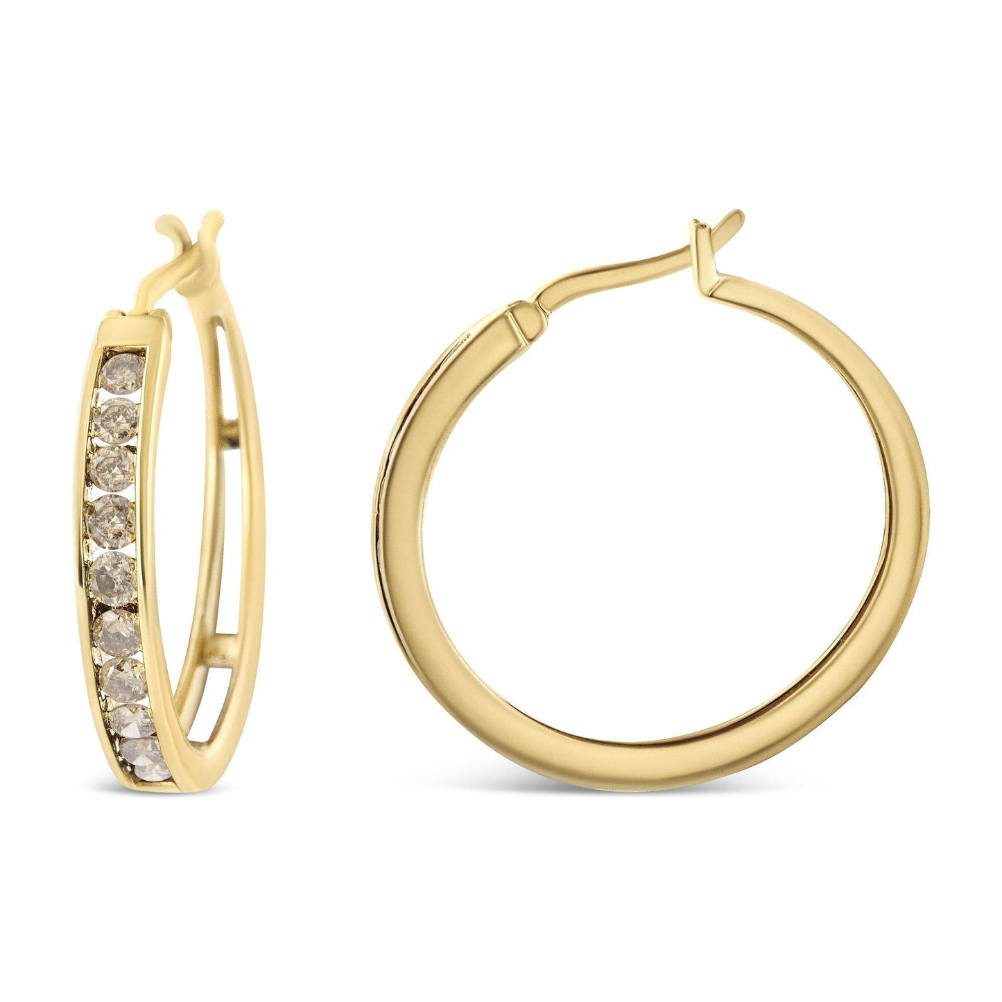 14K Yellow Gold Plated .925 Sterling Silver 1.0 Cttw Channel Set Champagne Diamond Hoop Earrings with Snap Post (K-L Color, I1-I2 Clarity) - Bijoux-NYC Direct