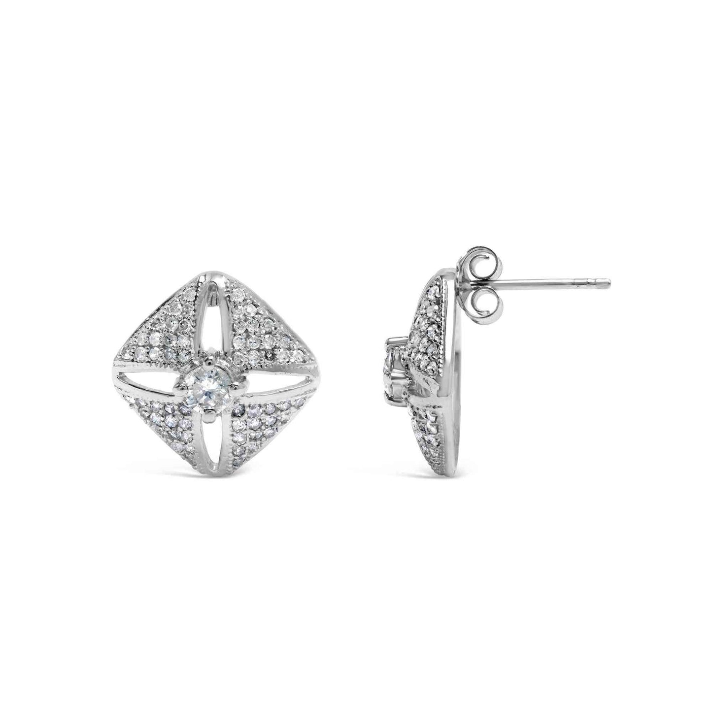.925 Sterling Silver 1.0 Cttw Diamond Studded Rhombus Stud Earring (H-I Color, I2-I3 Clarity) - Bijoux-NYC Direct