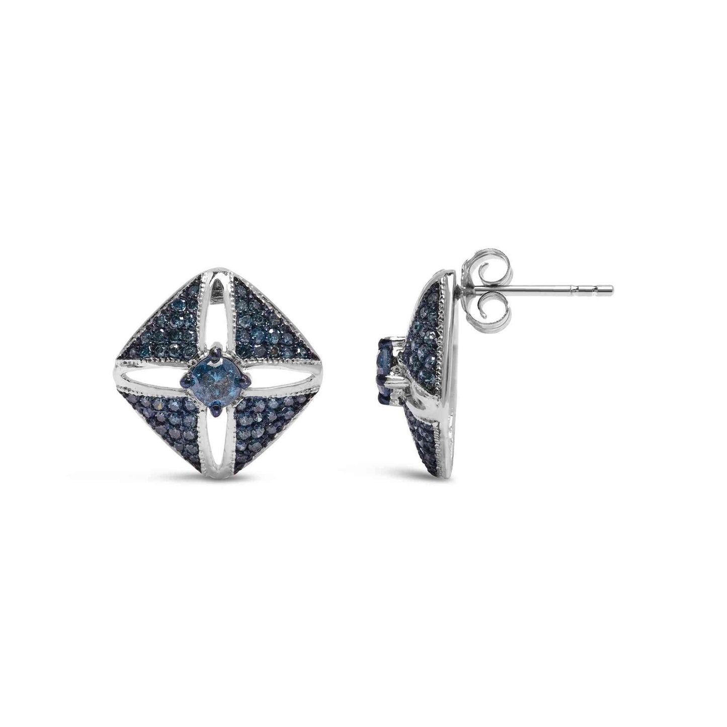 .925 Sterling Silver 1.0 Cttw Blue Diamond Studded Rhombus Stud Earring (Blue Color, I2-I3 Clarity) - Bijoux-NYC Direct
