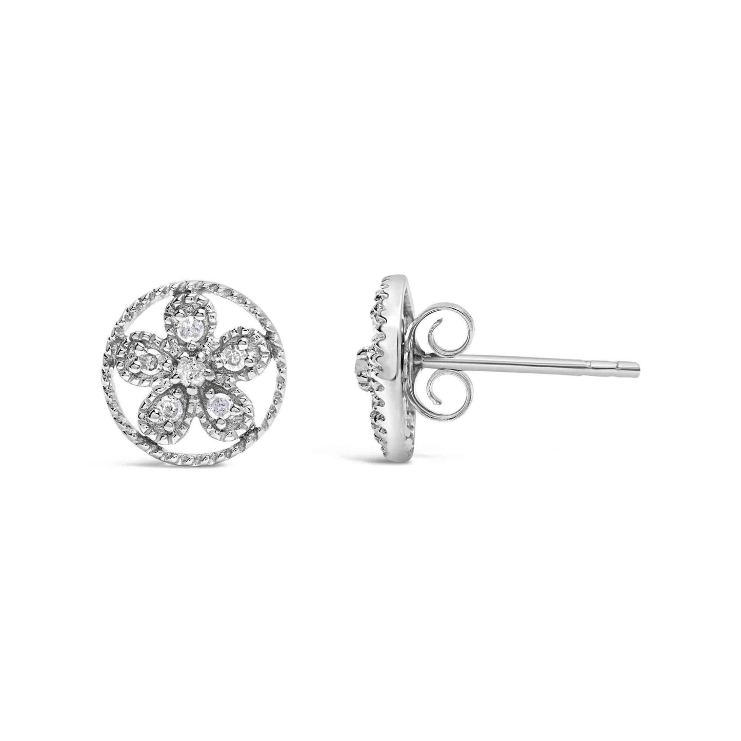 .925 Sterling Silver Diamond Accent Star and Wheel Milgrain Style Stud Earrings (I-J Color, I2-I3 Clarity) - Bijoux-NYC Direct