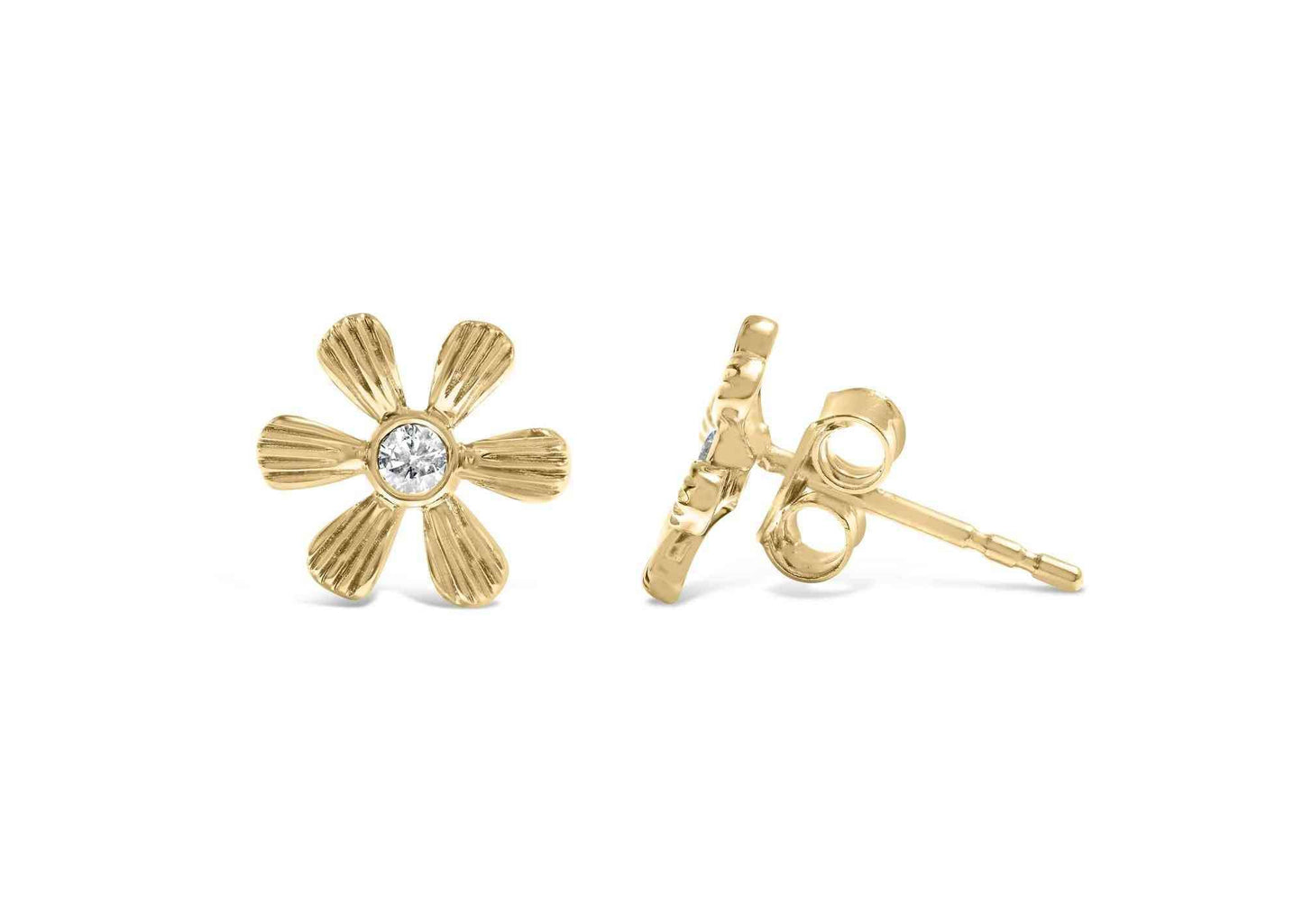 10K Yellow Gold Bezel Set Diamond Accent Hammered Finish Floral Stud Earrings (I-J Color, I1-I2 Clarity) - Bijoux-NYC Direct