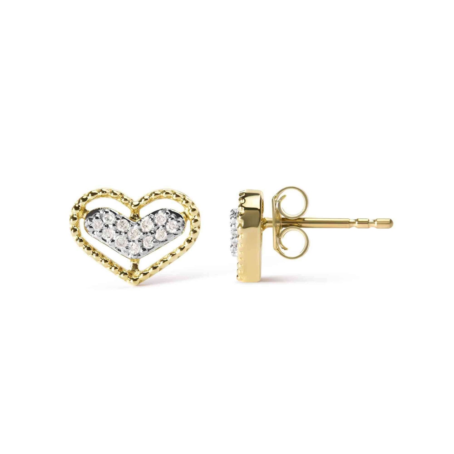 10K Yellow Gold 1/10 Cttw Diamond Heart and Beaded Halo Stud Earrings (I-J Color, I1-I2 Clarity) - Bijoux-NYC Direct