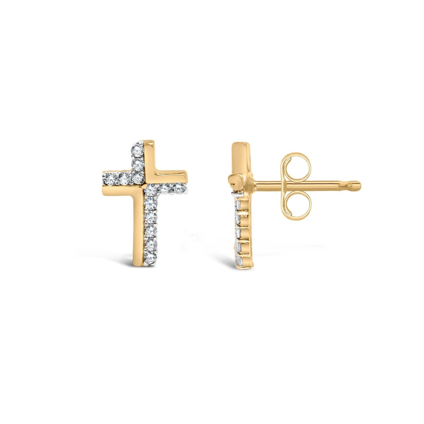 14K Yellow Gold Plated .925 Sterling Silver 1/10 Cttw Diamond Cross Stud Earring (I-J Color, I3 Clarity) - Bijoux-NYC Direct