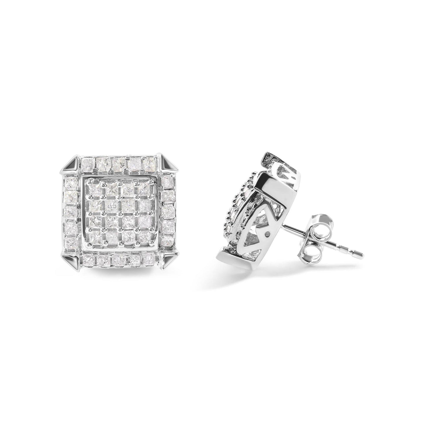 10K White Gold 1 1/10 Cttw Princess Diamond Composite and Halo Stud Earrings (I-J Color, I1-I2 Clarity) - Bijoux-NYC Direct