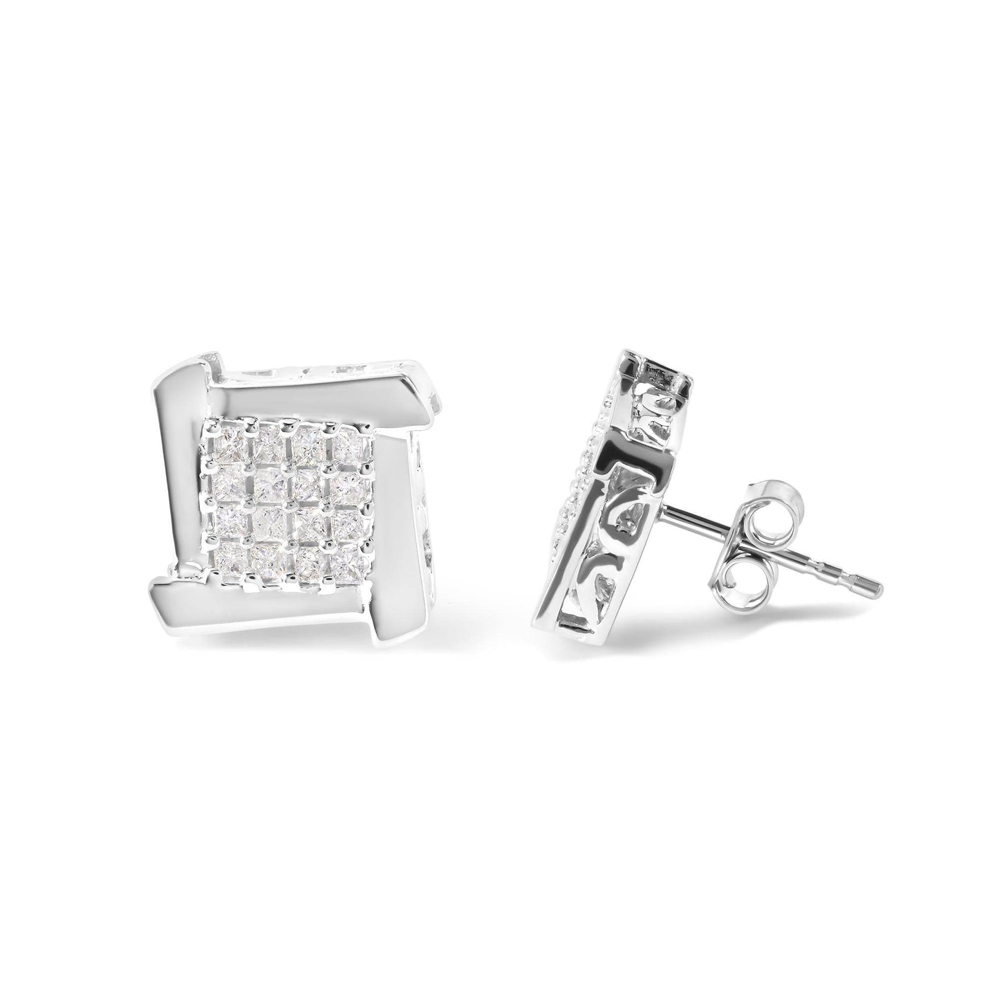 10K White Gold 1/2 Cttw Composite Princess Diamond Square and Swirl Stud Earrings (I-J Color, I1-I2 Clarity) - Bijoux-NYC Direct