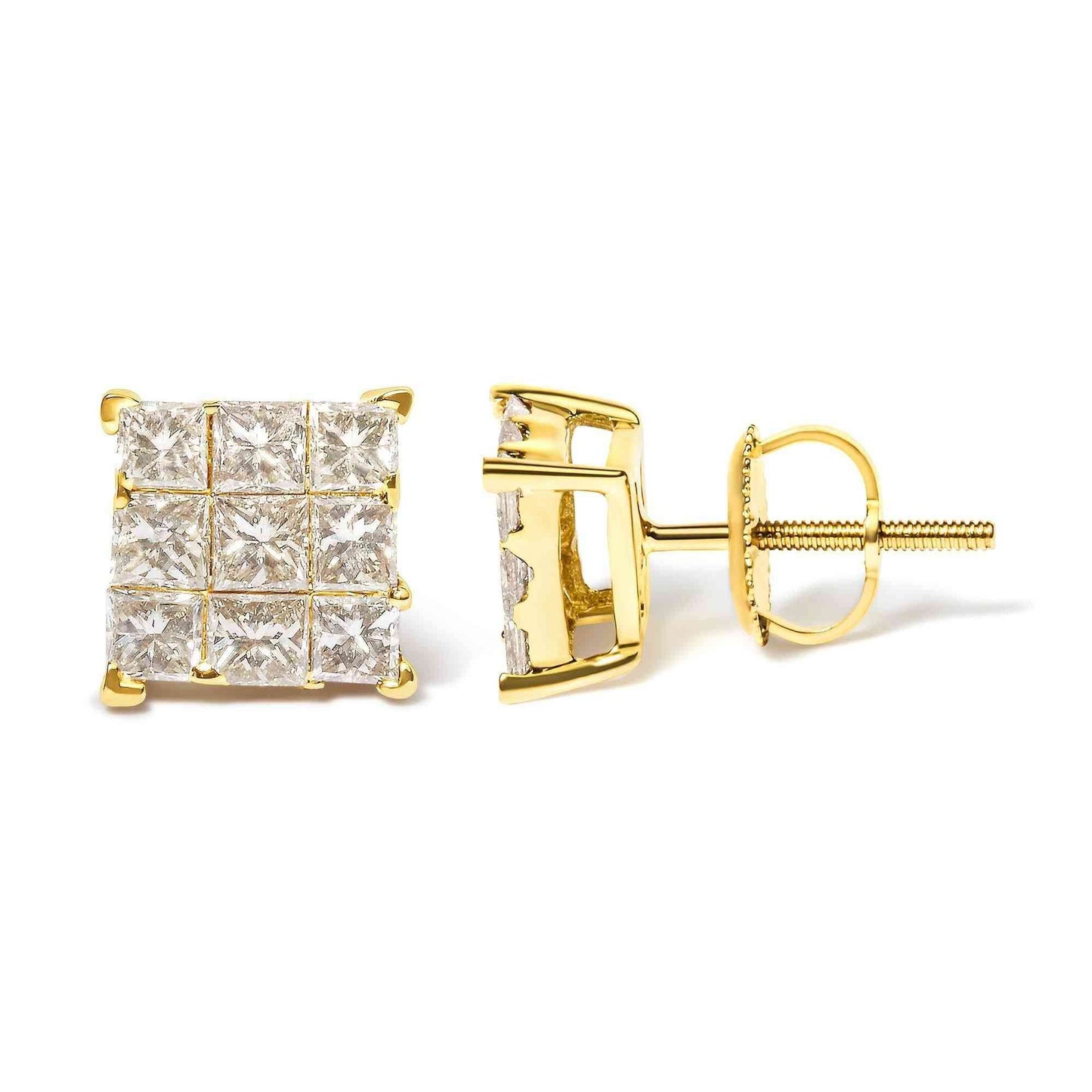 14K Yellow Gold 1 1/2 Cttw Invisible Set Princess-Cut Diamond 9 Stone Square Stud Earrings (J-K Color, SI2-I1 Clarity) - Bijoux-NYC Direct