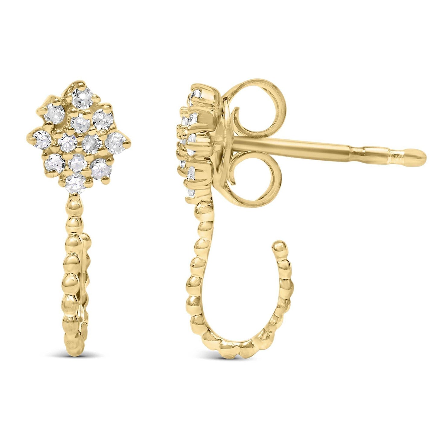 14K Yellow Gold Plated .925 Sterling Silver 1/10 Cttw Diamond Floral Cluster and Beaded Hoop Stud Earrings (H-I Color, I1-I2 Clarity) - Bijoux-NYC Direct