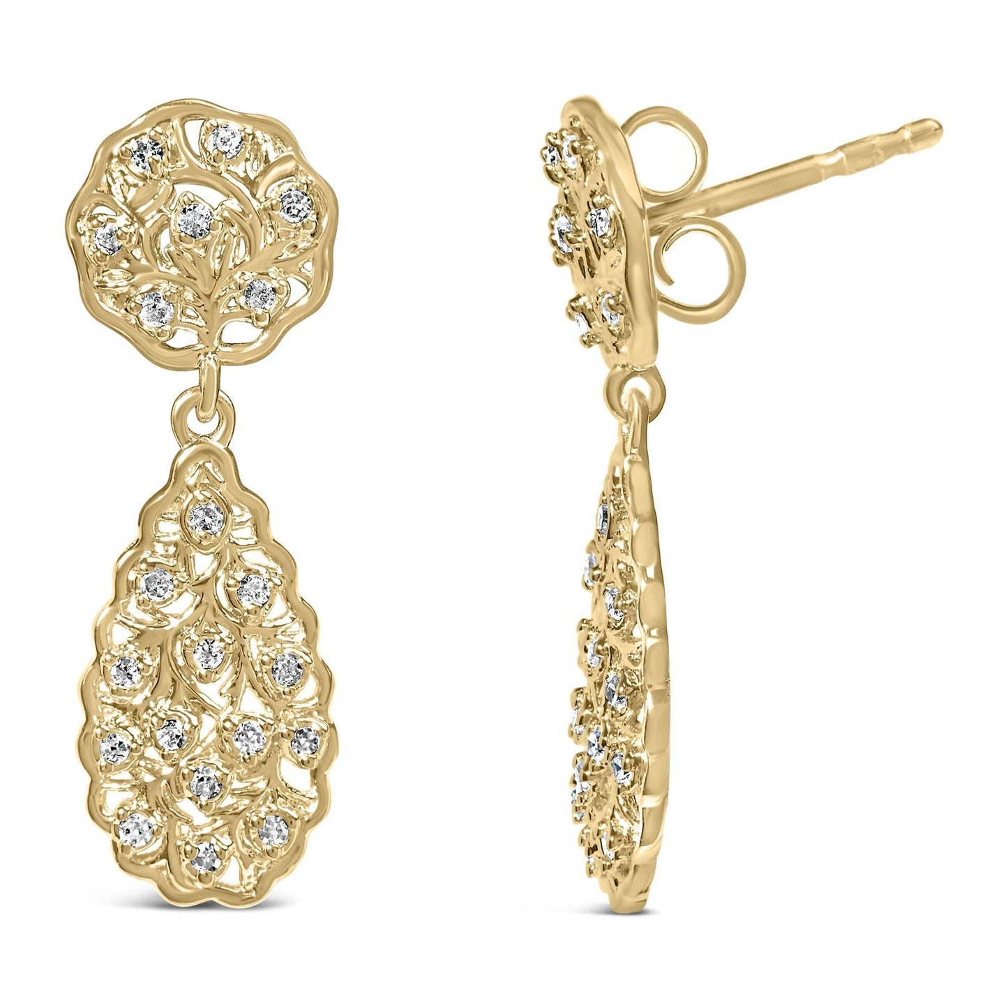 14K Yellow Gold Plated Sterling Silver 1/5 Cttw Diamond Teardrop Filigree Earrings (H-I Color, I1-I2 Clarity) - Bijoux-NYC Direct