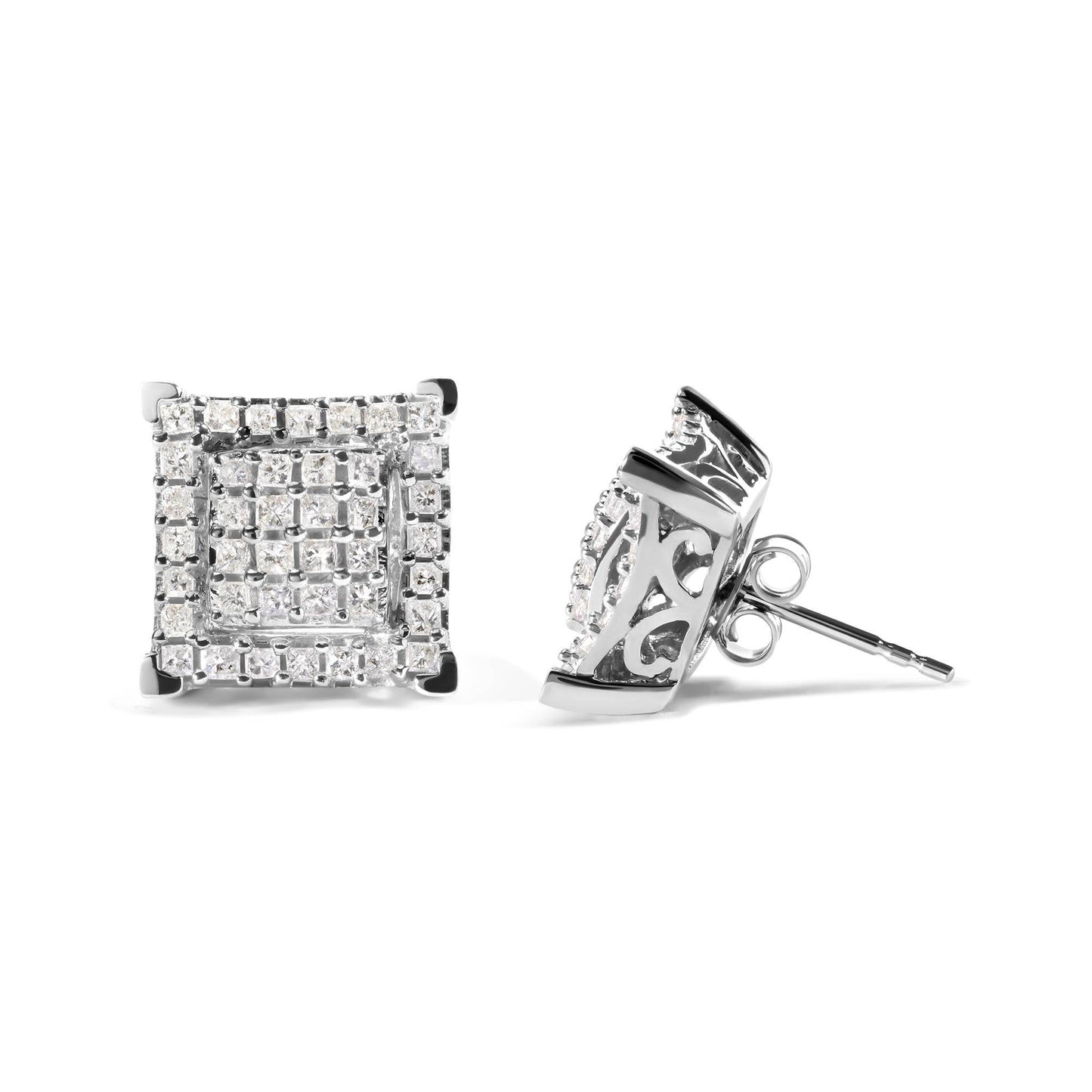 10K White Gold 1 1/4 Cttw Princess Diamond Composite Double Square and Halo Stud Earrings (I-J Color, I1-I2 Clarity) - Bijoux-NYC Direct
