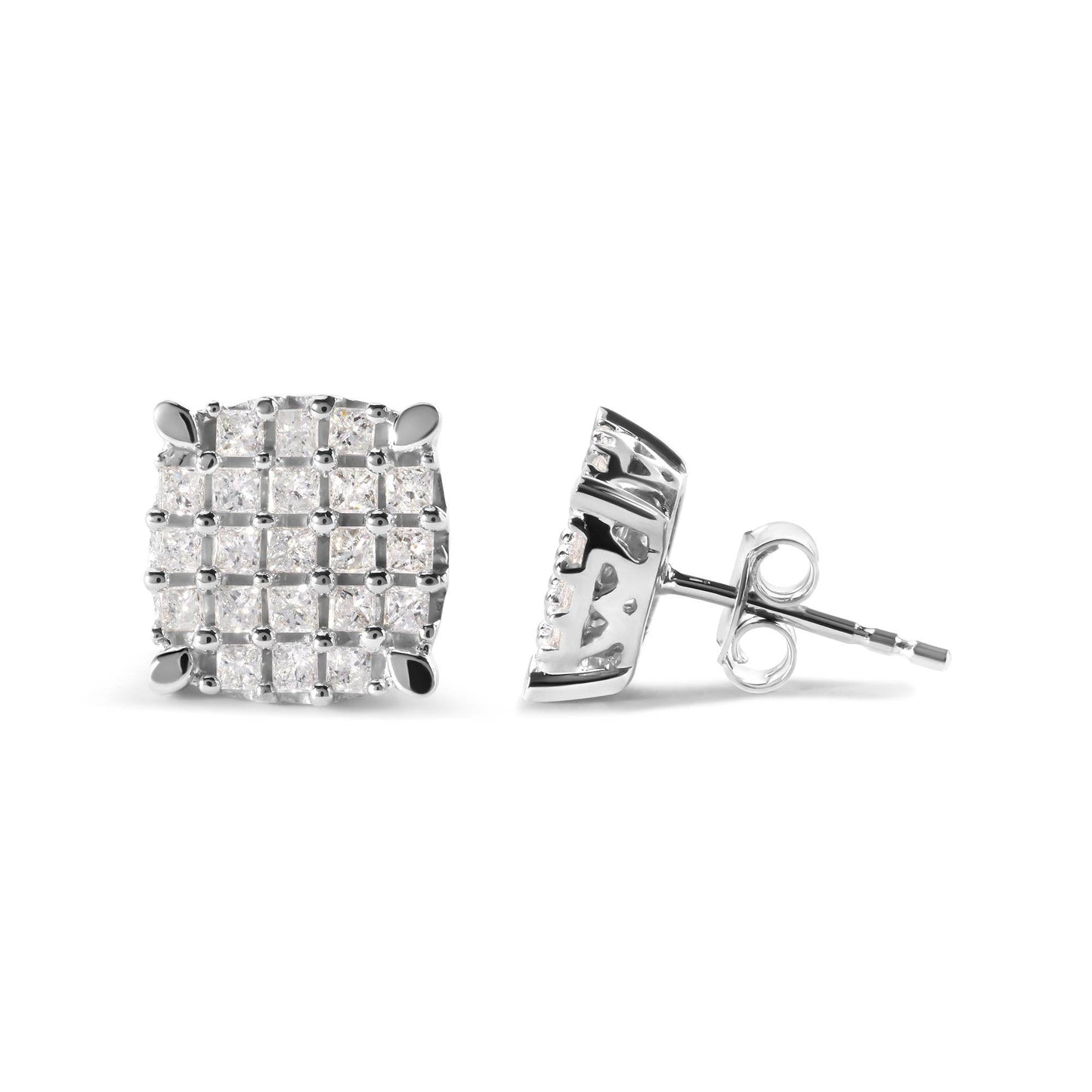 10K White Gold 3/4 Cttw Princess Diamond Composite Cushion Shape Stud Earrings (I-J Color, I1-I2 Clarity) - Bijoux-NYC Direct