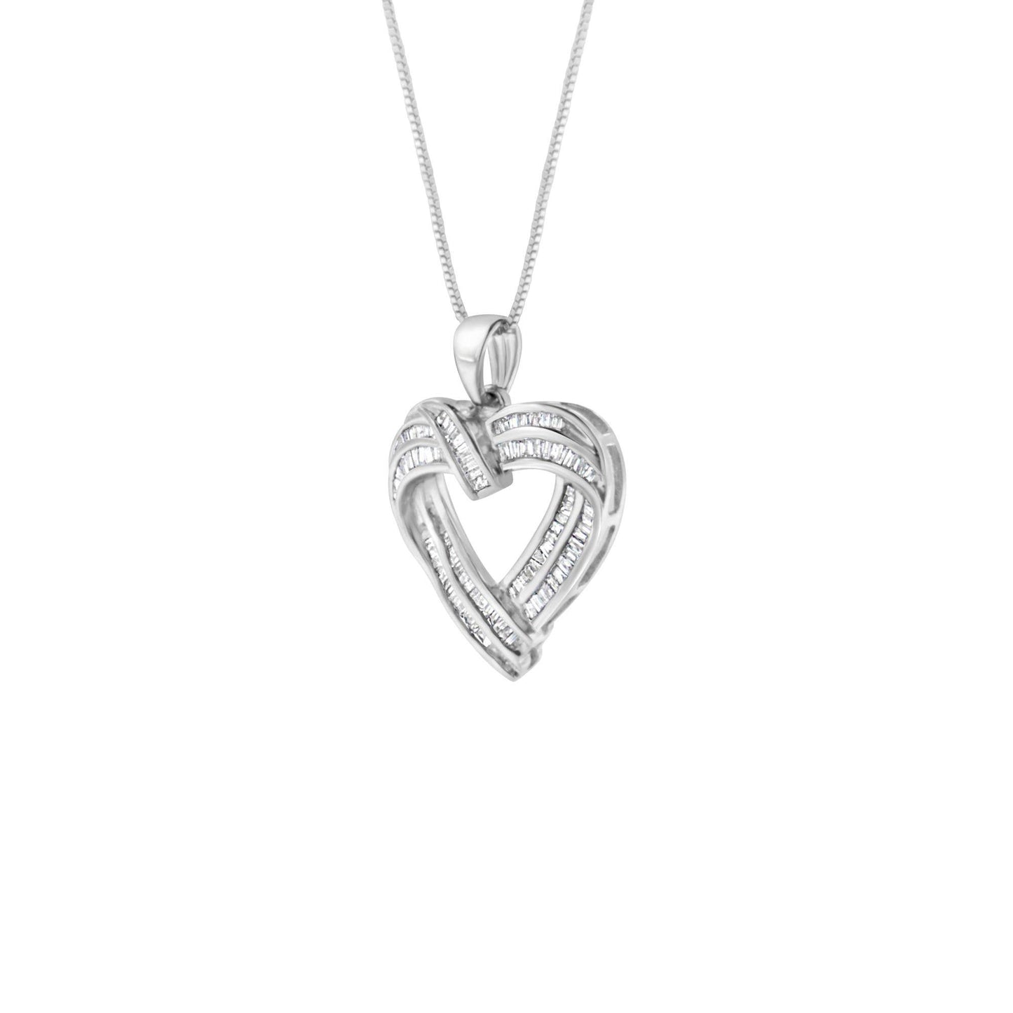 Sterling Silver 7/8 cttw Baguette Diamond Heart Pendant Necklace (I-J, I2-I3) - Bijoux-NYC Direct