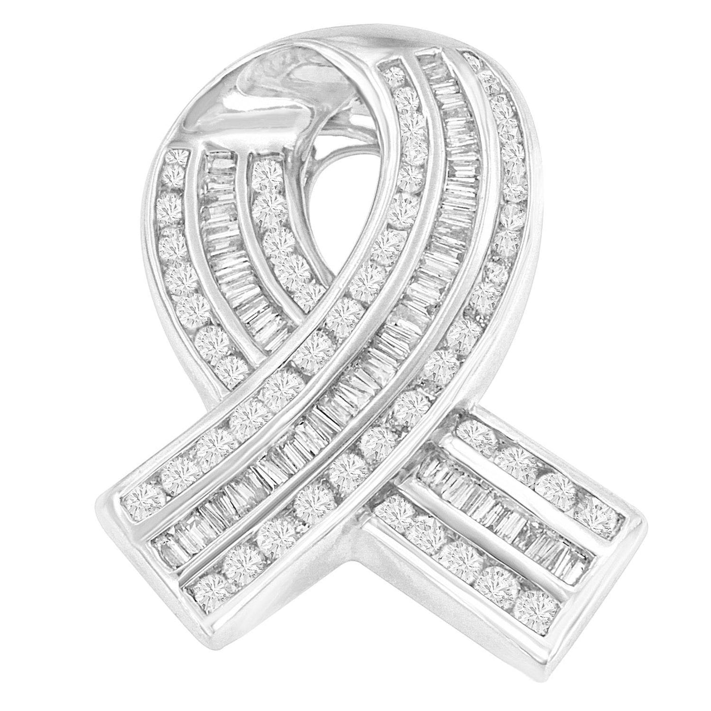 14K White Gold 2 5/8 Cttw Channel Set Round and Baguette Diamond Awareness Ribbon Pendant (H-I Color, I1-I2 Clarity) - Chain Not Included - Bijoux-NYC Direct