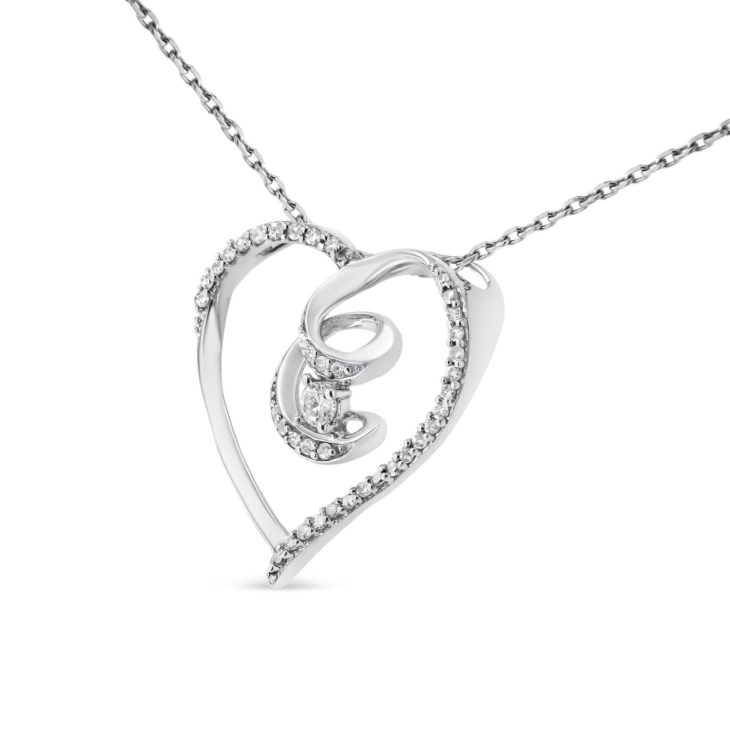 .925 Sterling Silver 1/4 Cttw Brilliant-Cut Diamond Open Heart Twisted Awareness Ribbon 18" Pendant Necklace (H-I Color, I1-I2 Clarity) - Bijoux-NYC Direct