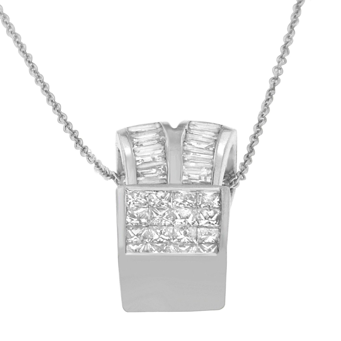 14K White Gold 1 5/8 cttw Princess and Baguette Cut Diamond Heart Ribbon Pendant Necklace (G-H, VS1-VS2) - Bijoux-NYC Direct
