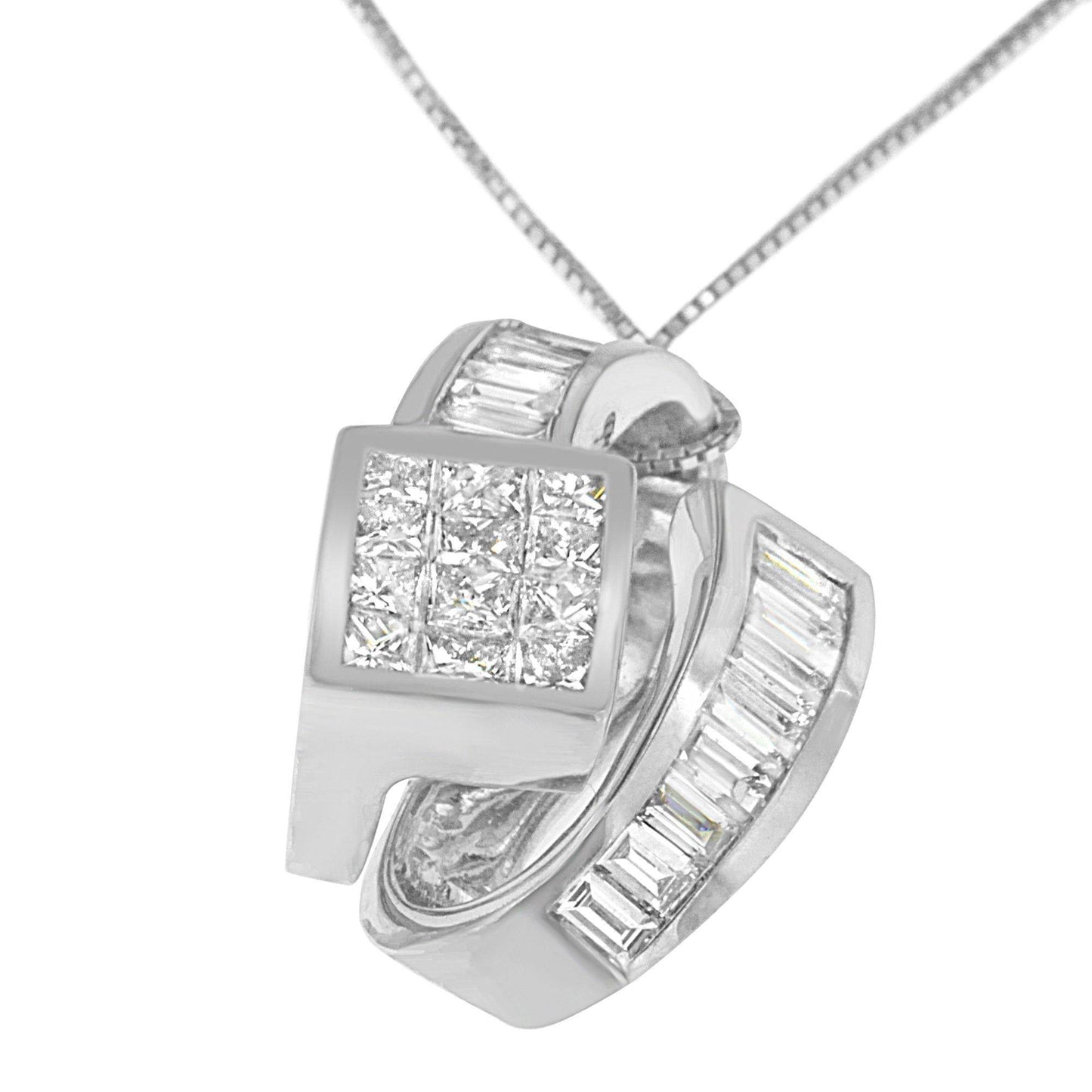 14K White Gold 2 cttw Princess and Baguette Cut Diamond Double Loop Pendant Necklace (G-H, VS1-VS2) - Bijoux-NYC Direct