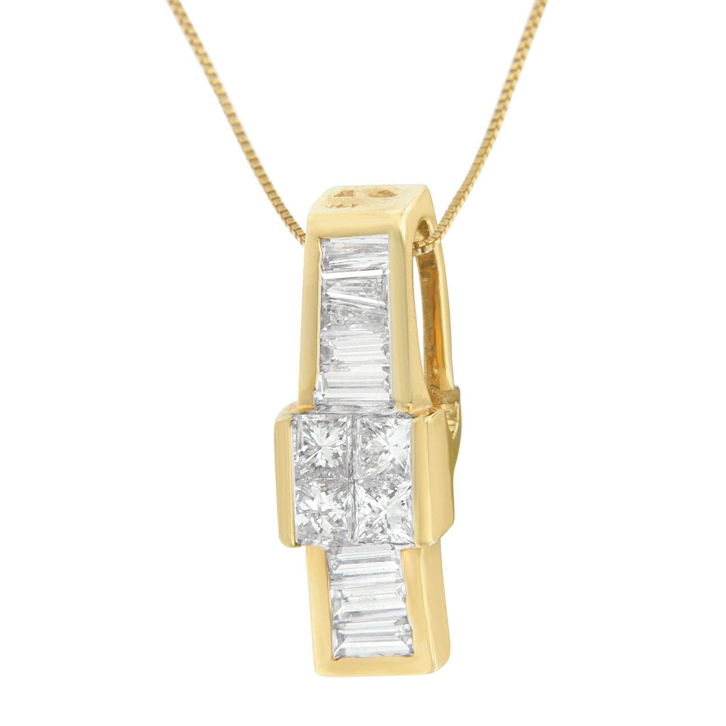 14K Yellow Gold 1 1/10 cttw Baguette and Princess Cut Overlapping Diamond Drop Pendant Necklace (H-I, SI1-SI2) - Bijoux-NYC Direct